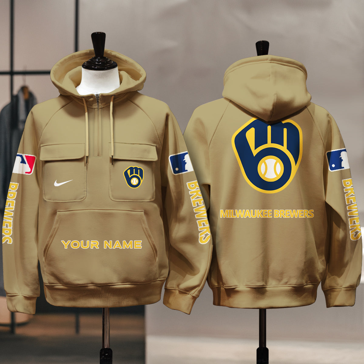 Milwaukee Brewers New Collection Multi-Pockets Zip Hoodie MLB AZMNMZHD000176