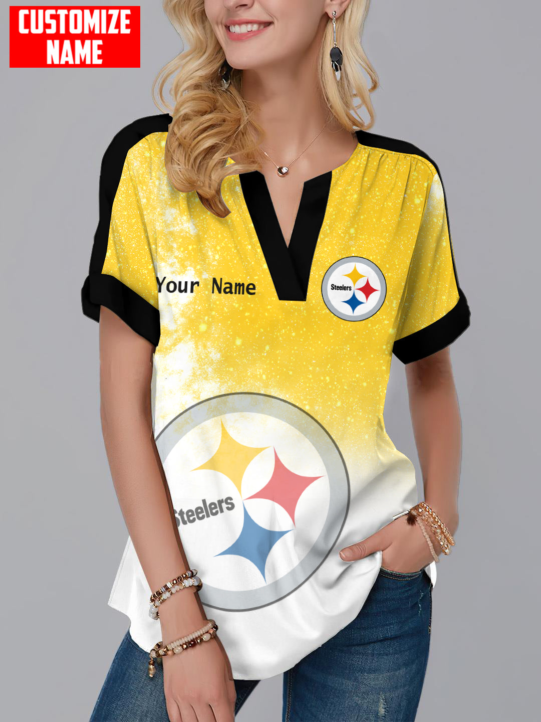 Pittsburgh Steelers Personalized Fashion Short Sleeve V-Neck Shirt AZSSV151