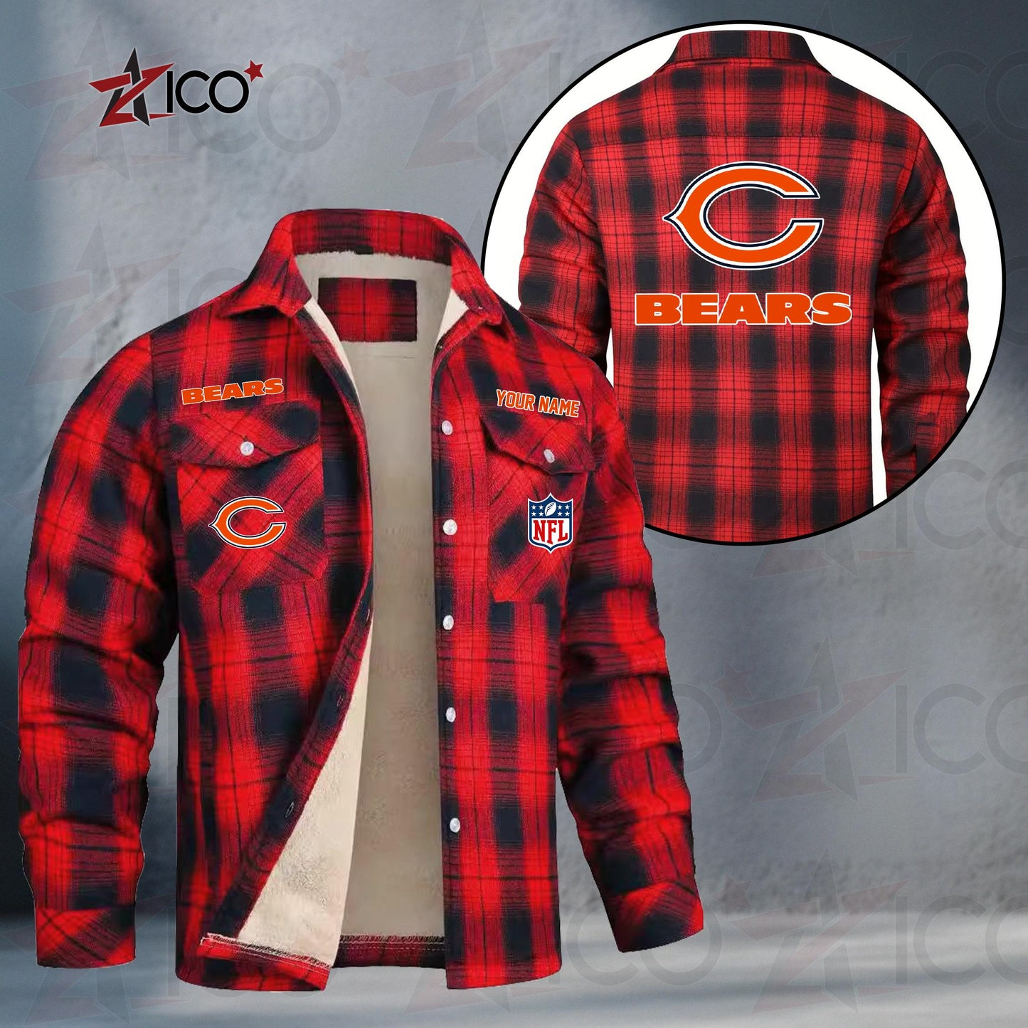 Chicago Bears Fleece Flannel Plaid Jacket TG38