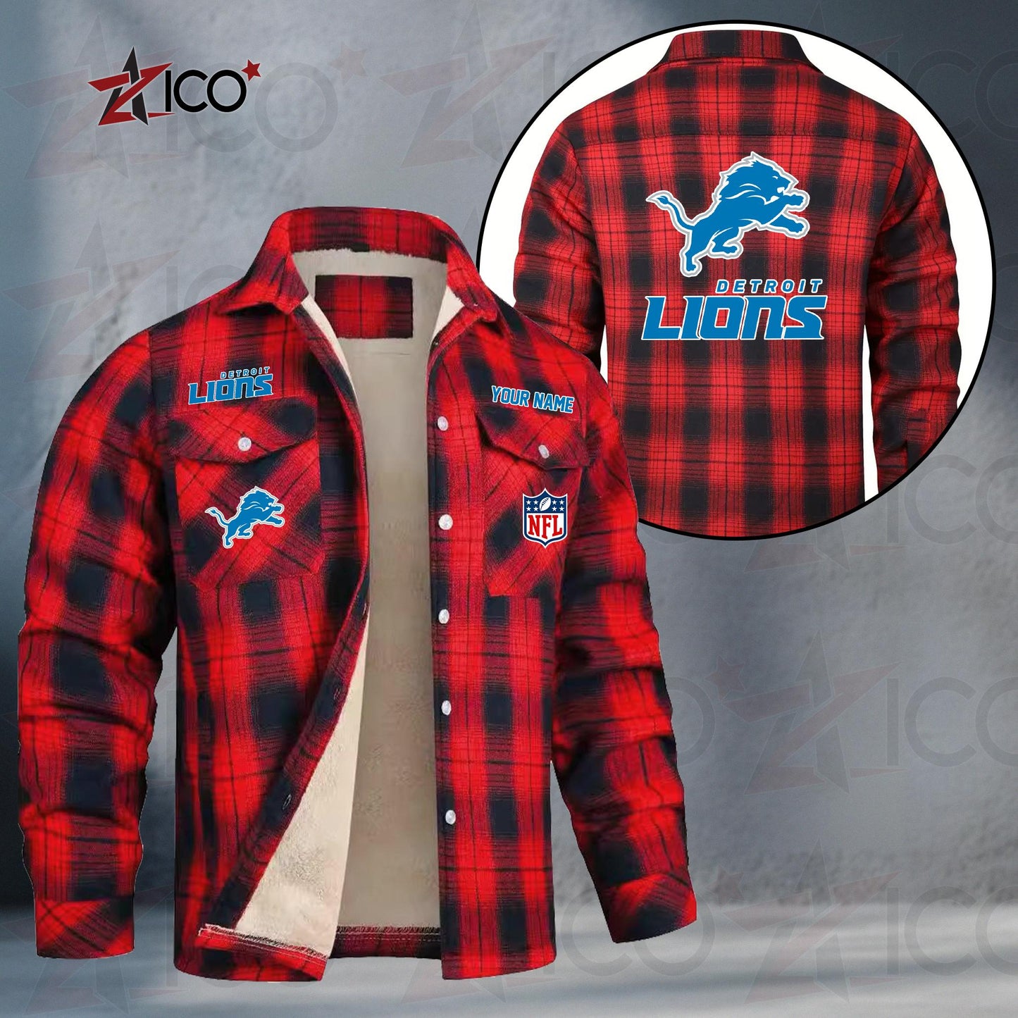 Detroit Lions Fleece Flannel Plaid Jacket TG43