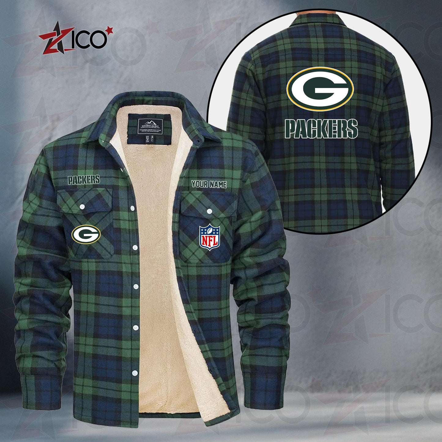 Green Bay Packers Fleece Flannel Plaid Jacket TG44