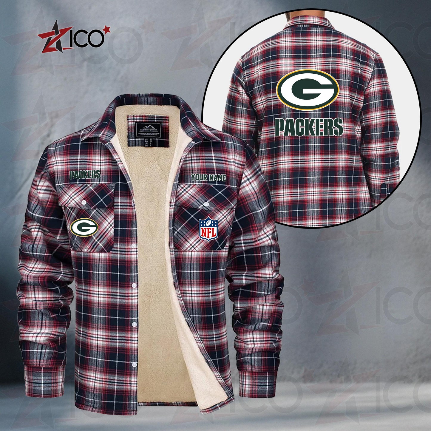 Green Bay Packers Fleece Flannel Plaid Jacket TG44