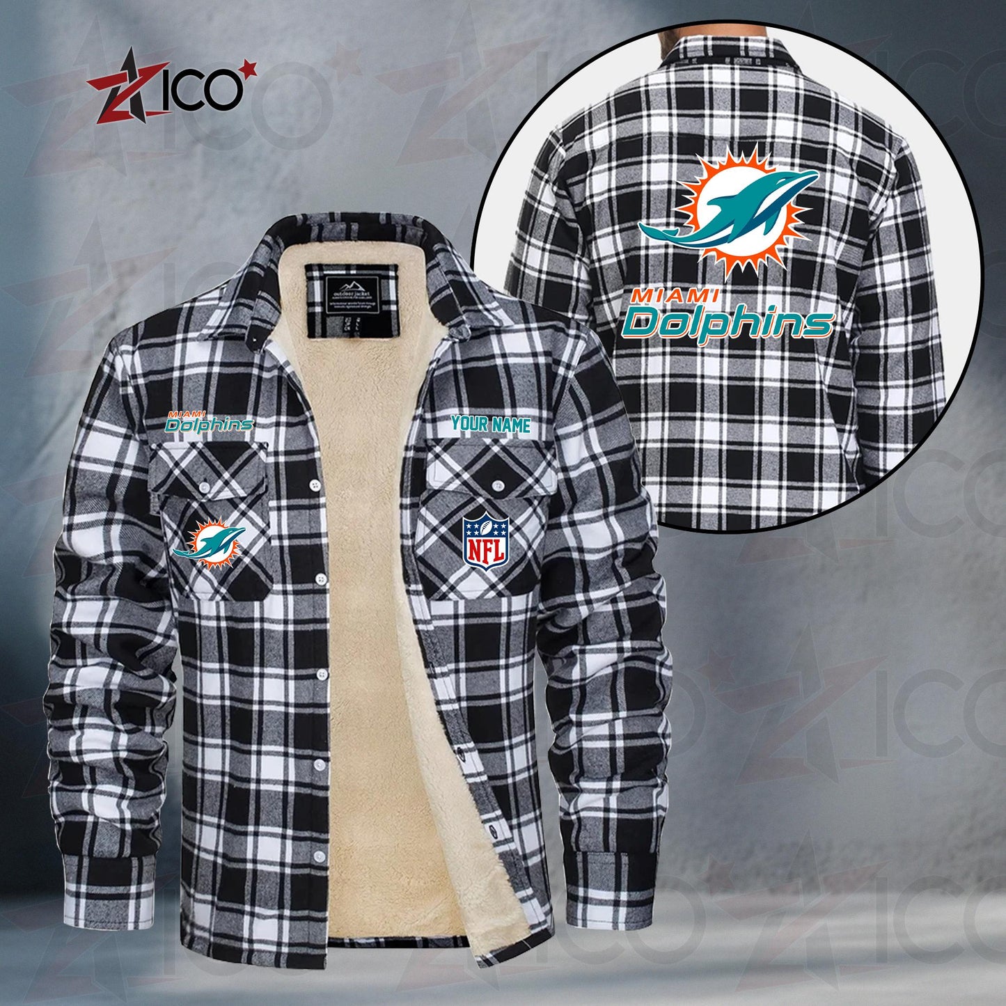 Miami Dolphins Fleece Flannel Plaid Jacket TG52