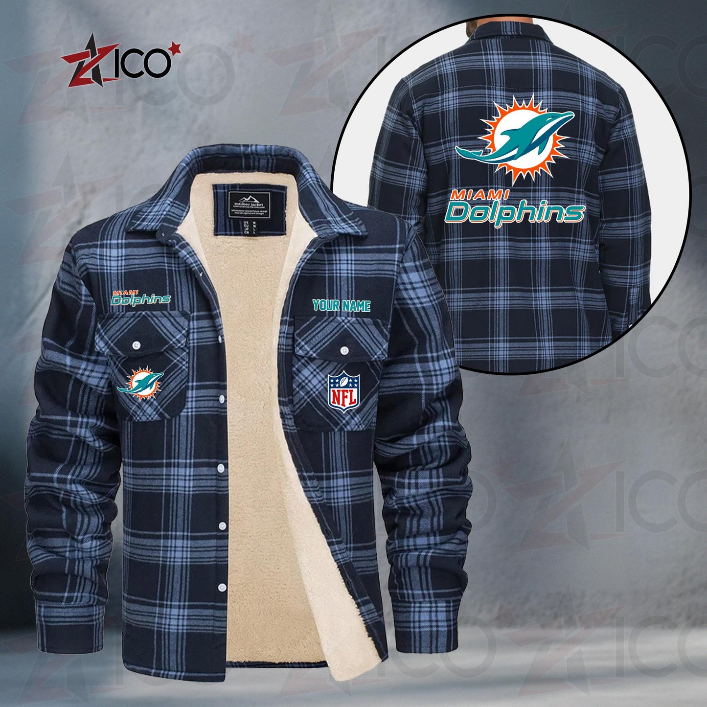 Miami Dolphins Fleece Flannel Plaid Jacket TG52