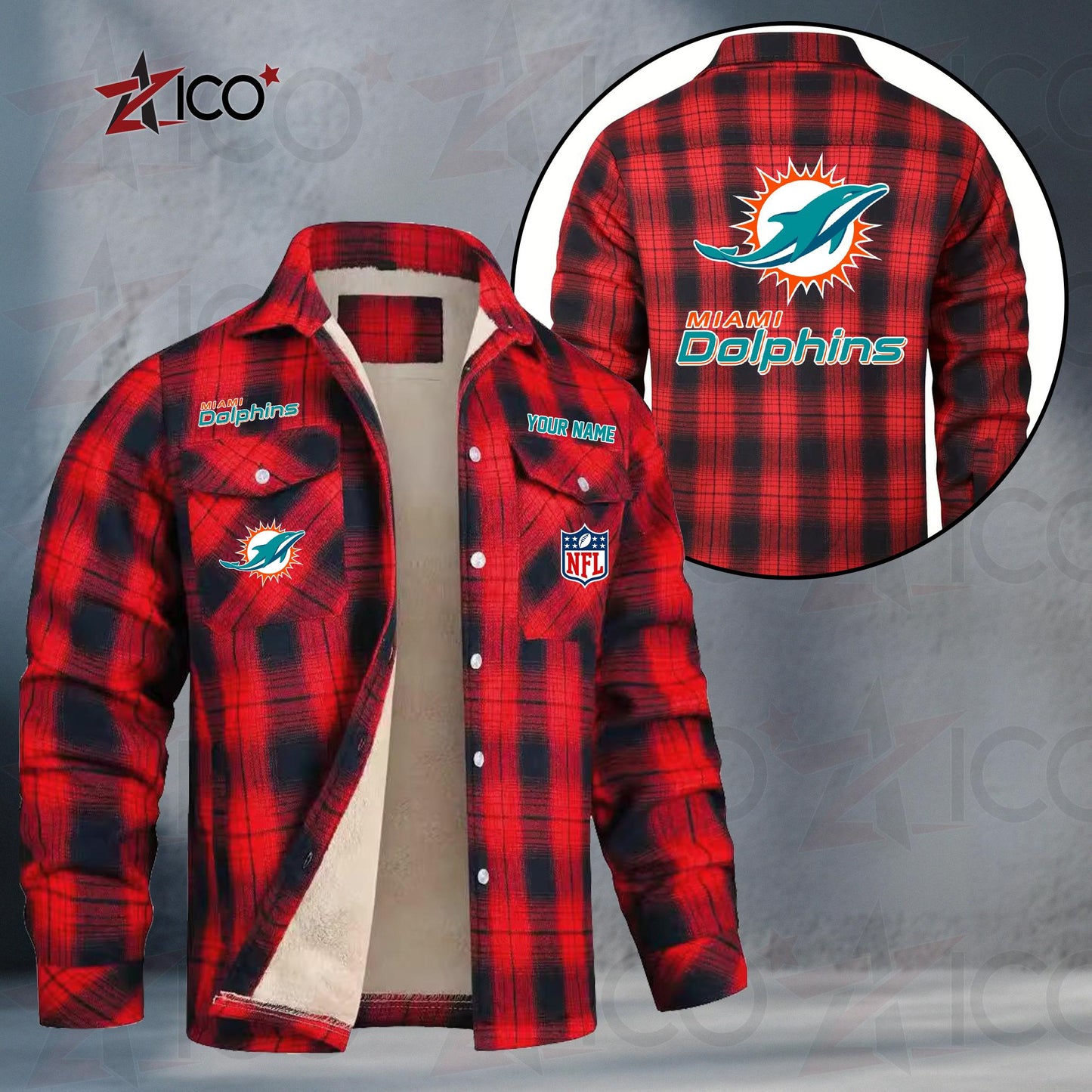Miami Dolphins Fleece Flannel Plaid Jacket TG52