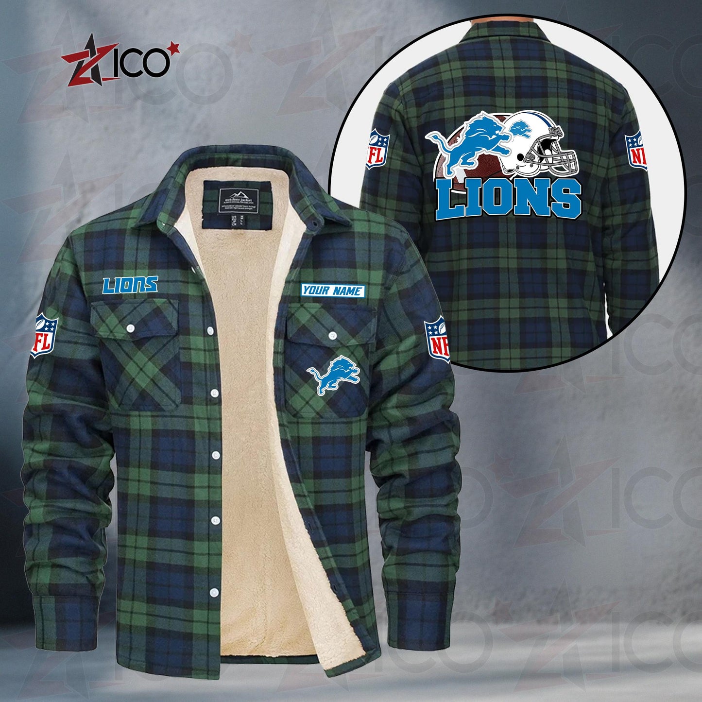 Detroit Lions Fleece Flannel Plaid Jacket TG107