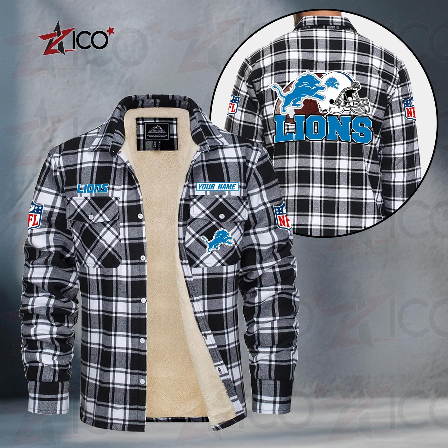 Detroit Lions Fleece Flannel Plaid Jacket TG107