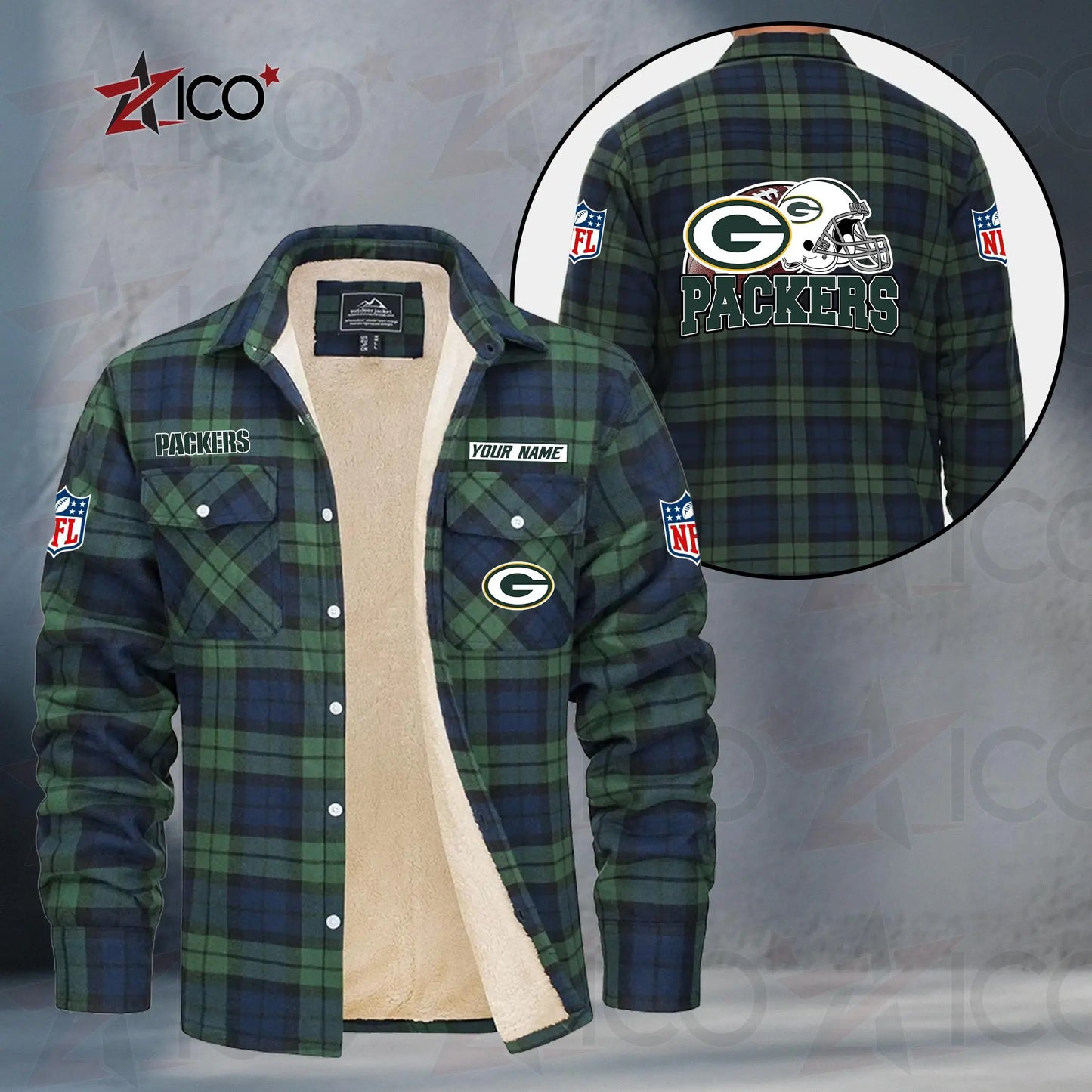Green Bay Packers Fleece Flannel Plaid Jacket TG108