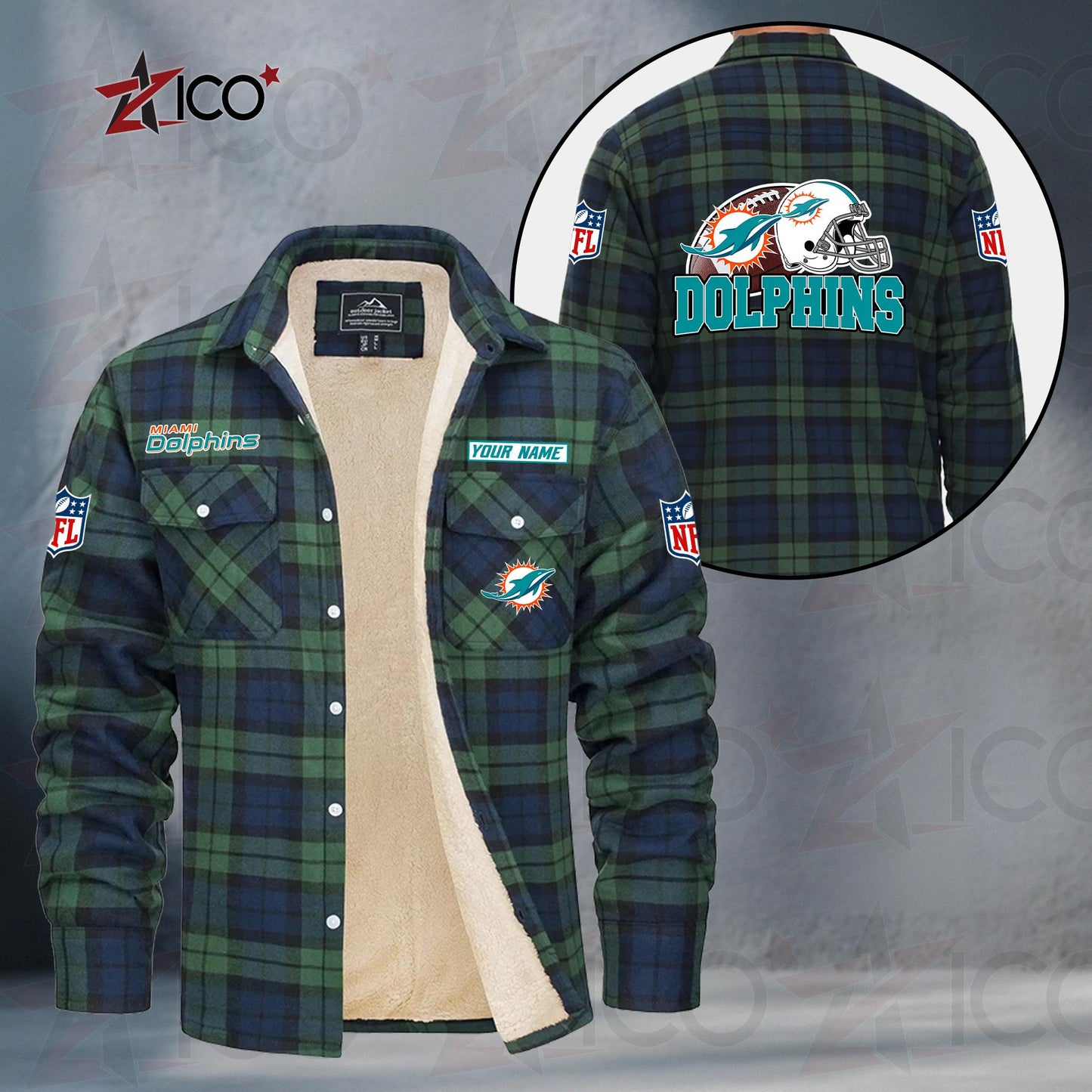 Miami Dolphins Fleece Flannel Plaid Jacket TG116