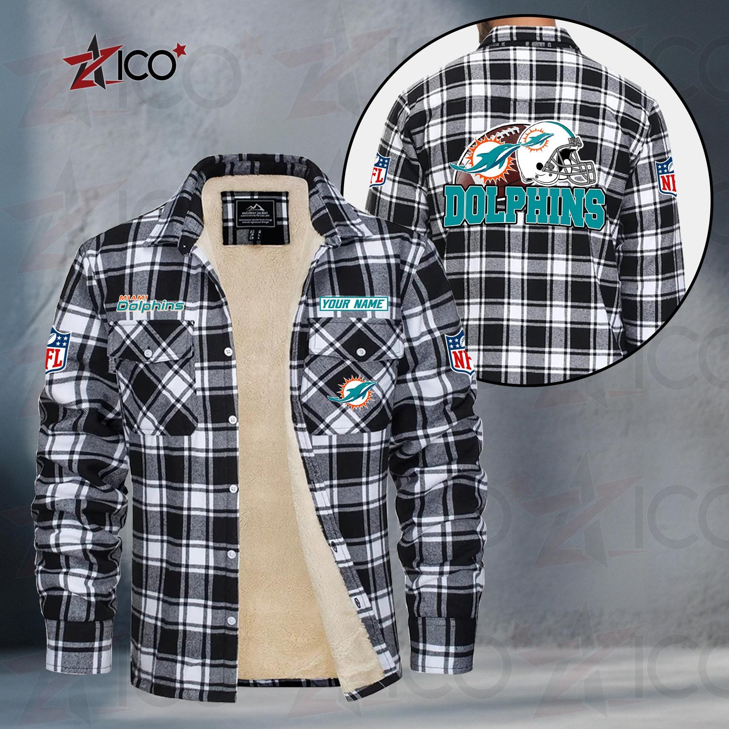 Miami Dolphins Fleece Flannel Plaid Jacket TG116