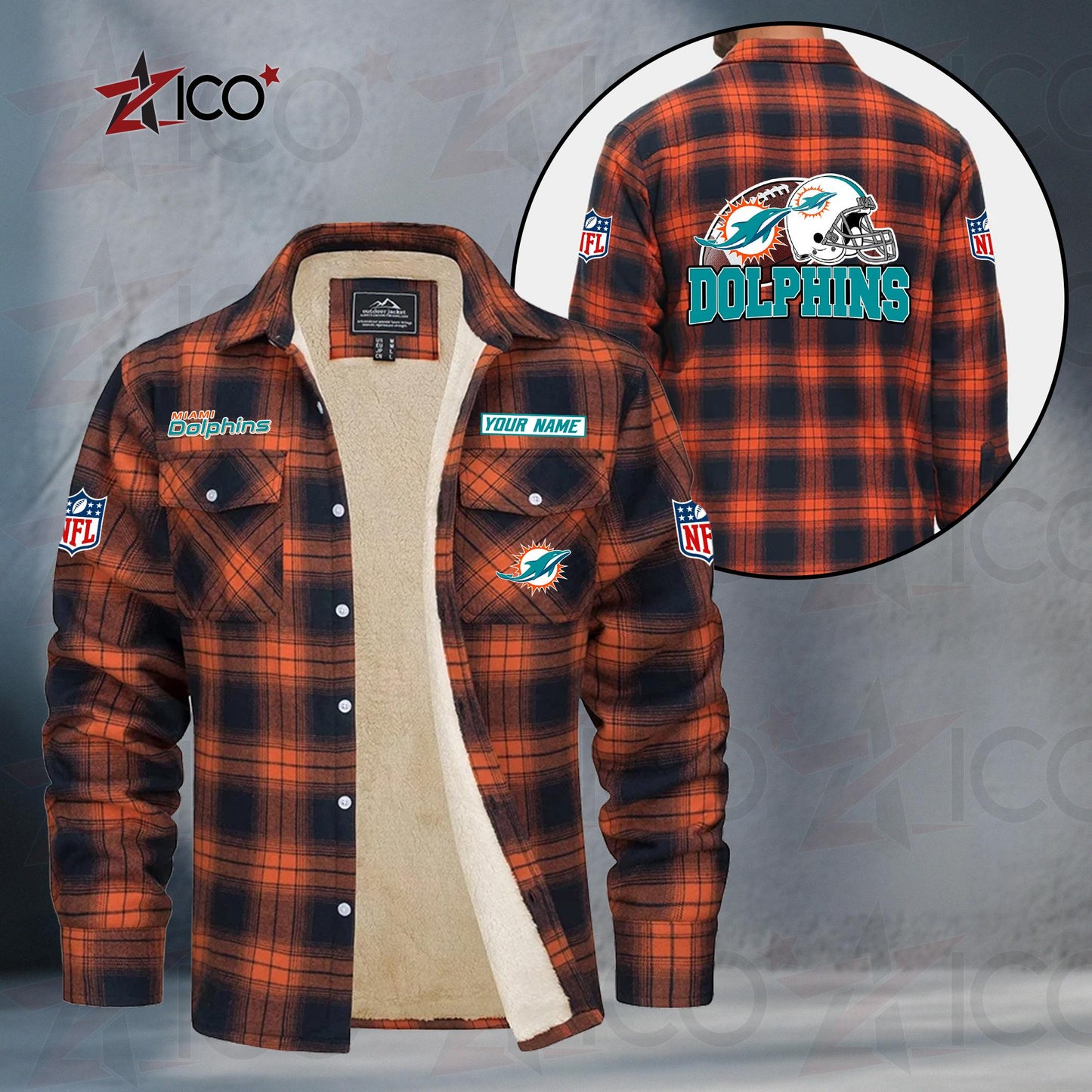 Miami Dolphins Fleece Flannel Plaid Jacket TG116