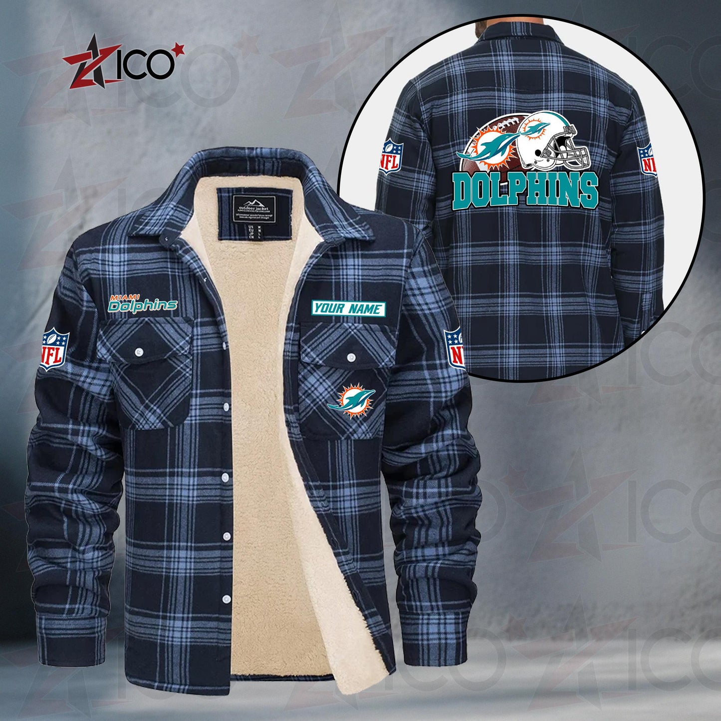 Miami Dolphins Fleece Flannel Plaid Jacket TG116