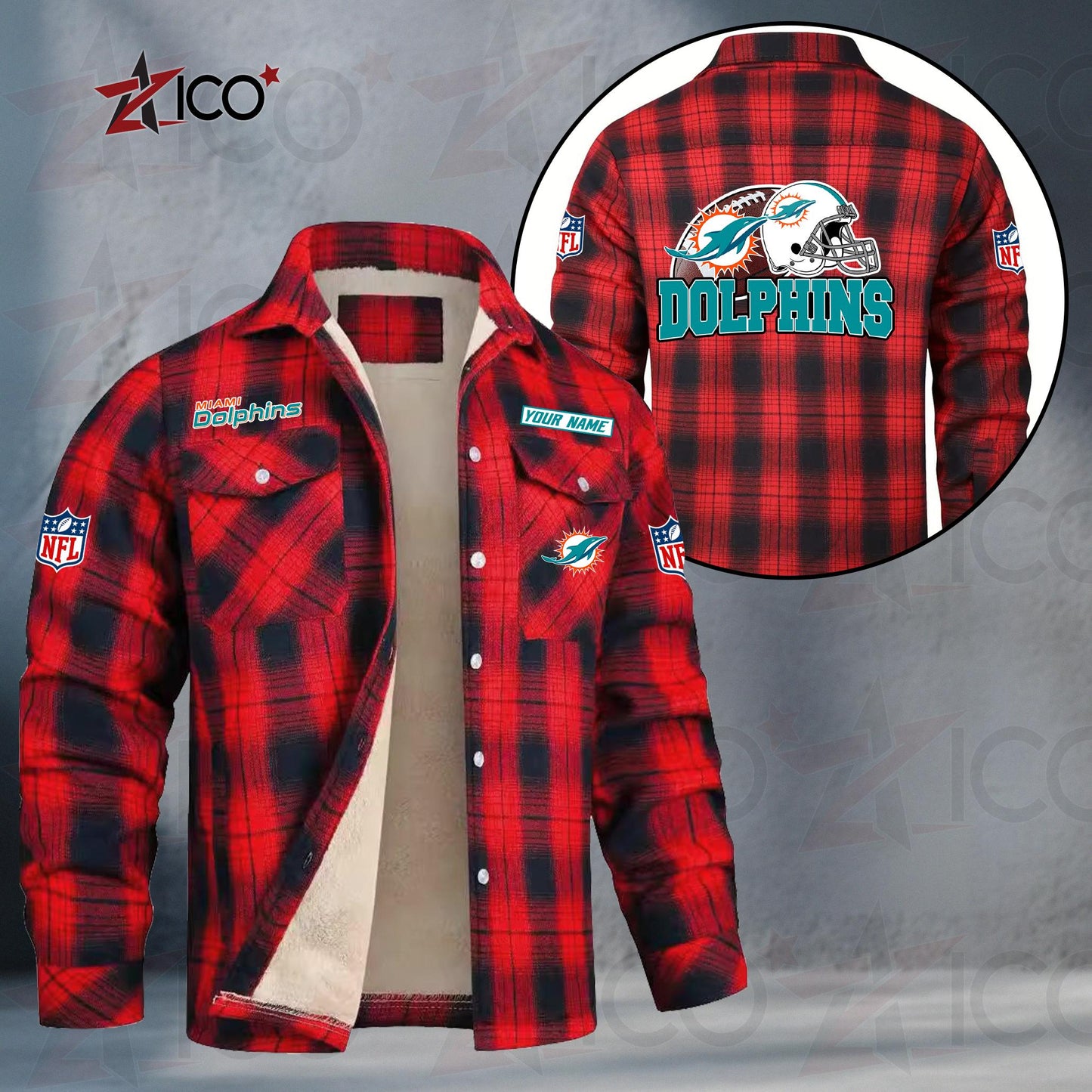 Miami Dolphins Fleece Flannel Plaid Jacket TG116
