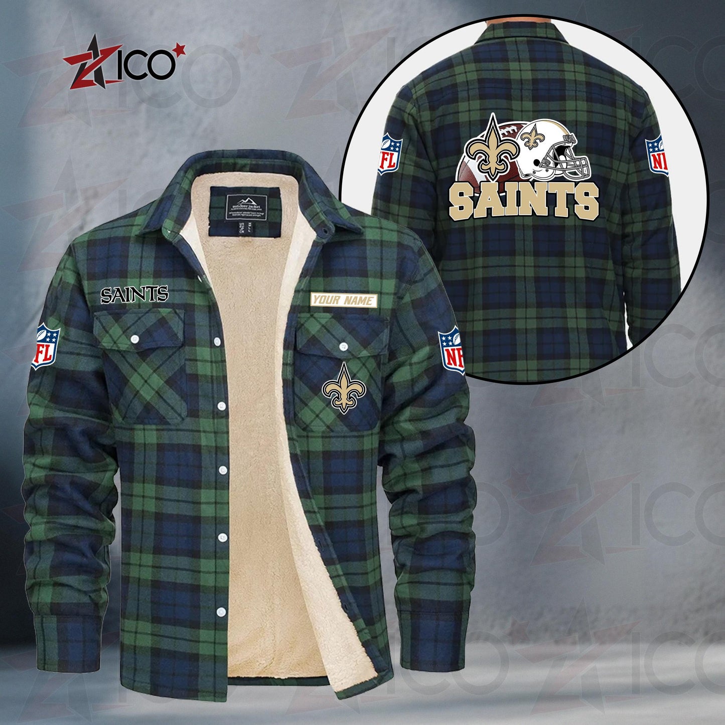 New Orleans Saints Fleece Flannel Plaid Jacket TG119