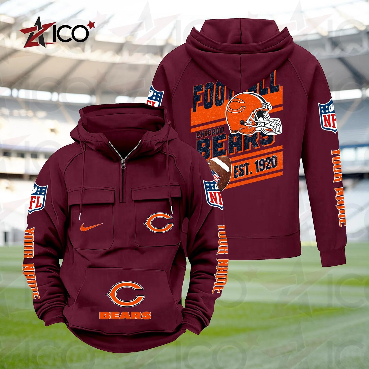 Chicago Bears Personalized Multi-Pockets Zip Hoodie New 2025 AZTGMZHD000226