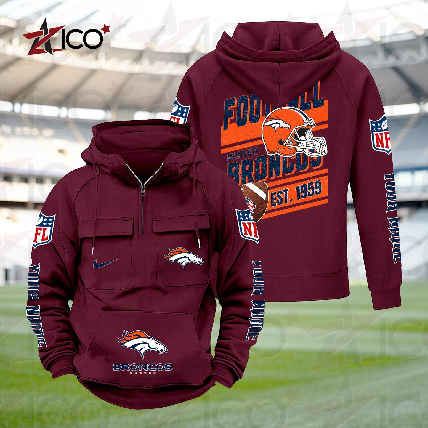 Denver Broncos Personalized Multi-Pockets Zip Hoodie New 2025 AZTGMZHD000230
