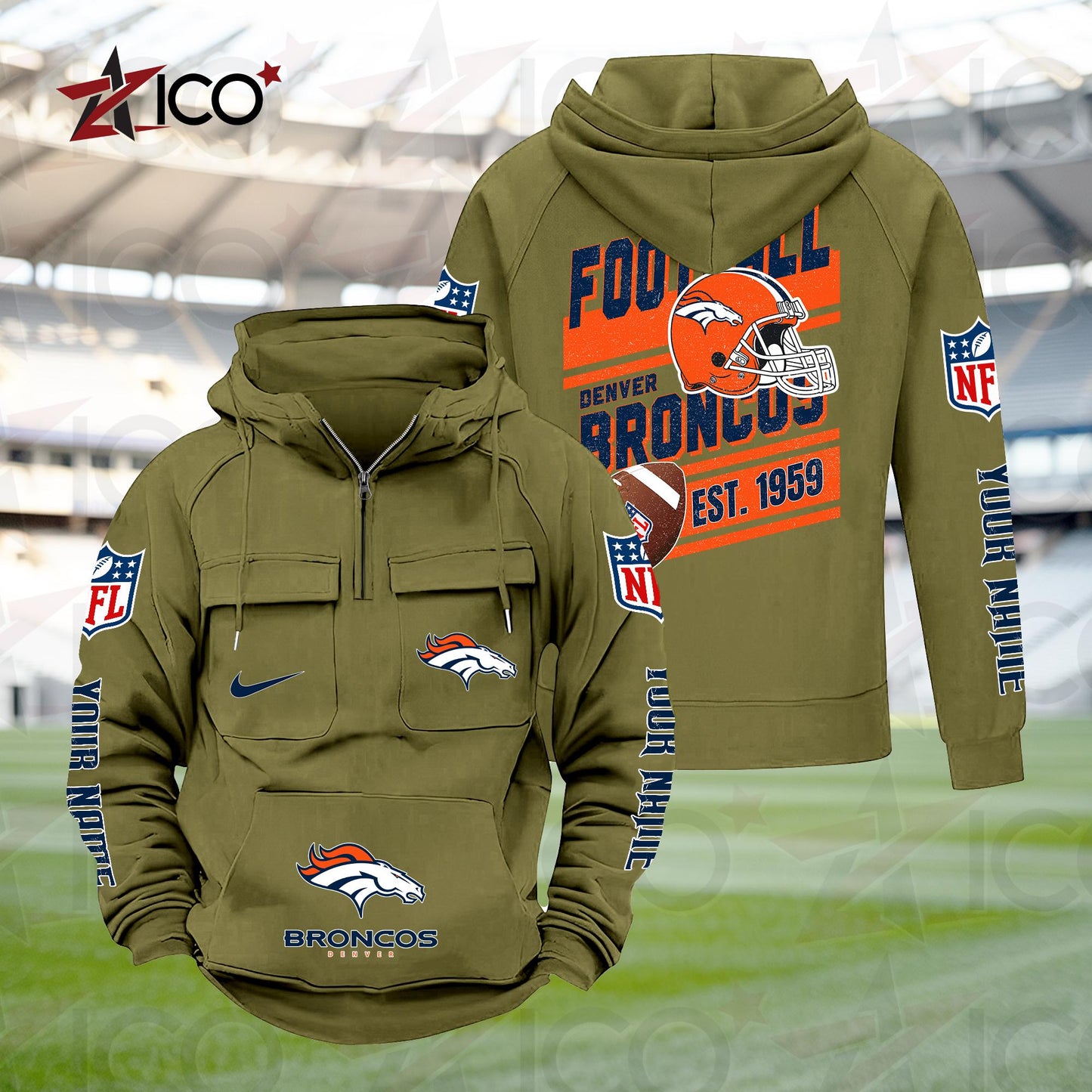 Denver Broncos Personalized Multi-Pockets Zip Hoodie New 2025 AZTGMZHD000230