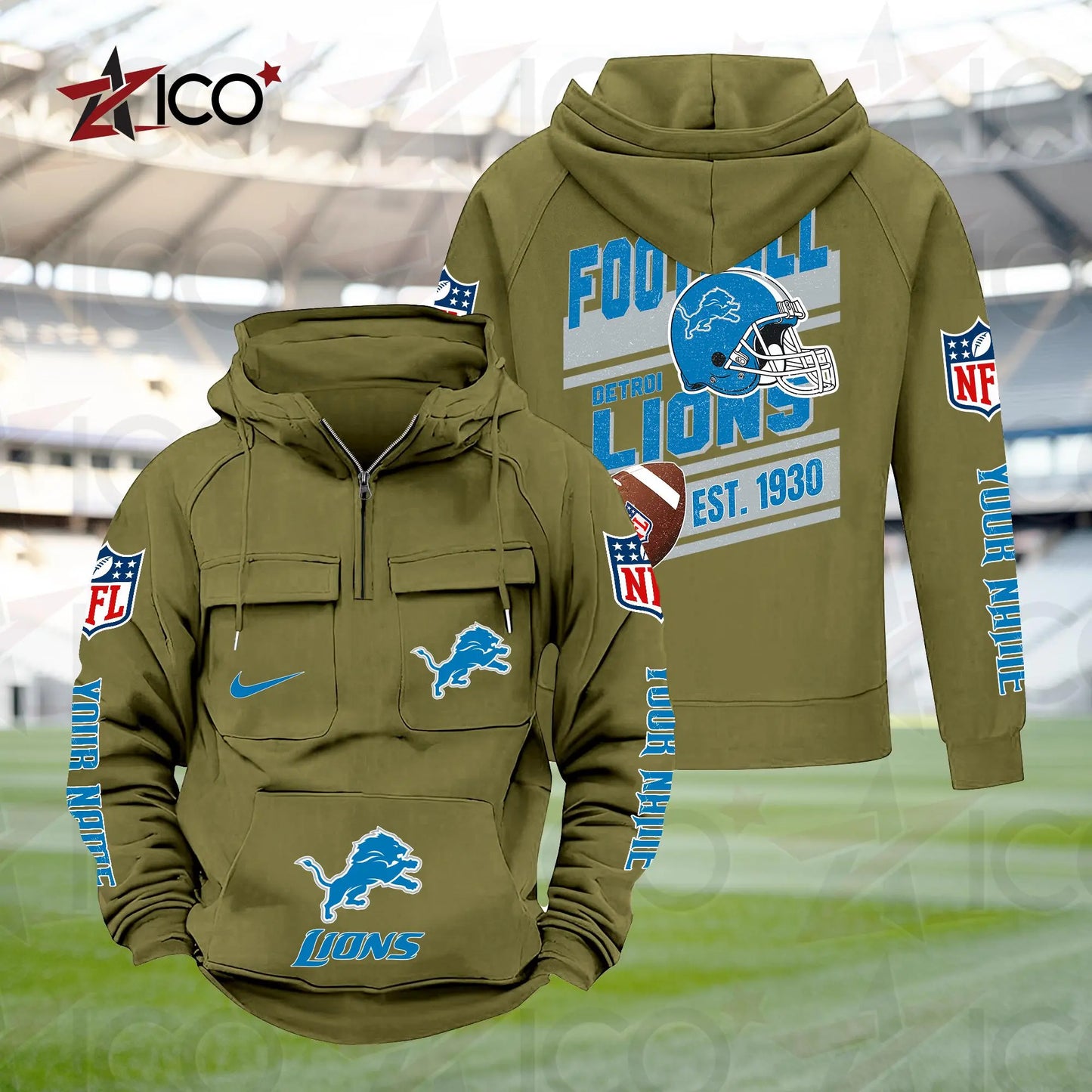 Detroit Lions Personalized Multi-Pockets Zip Hoodie New 2025 AZTGMZHD000231