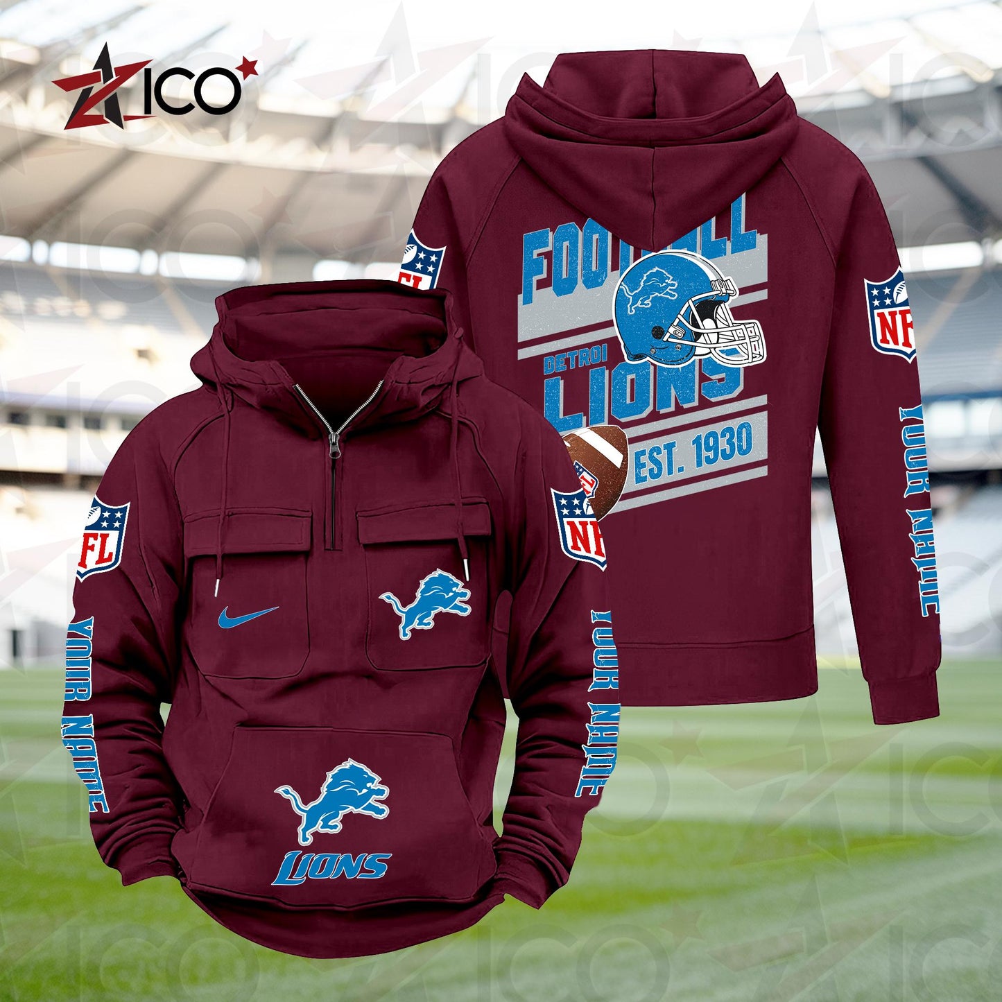 Detroit Lions Personalized Multi-Pockets Zip Hoodie New 2025 AZTGMZHD000231