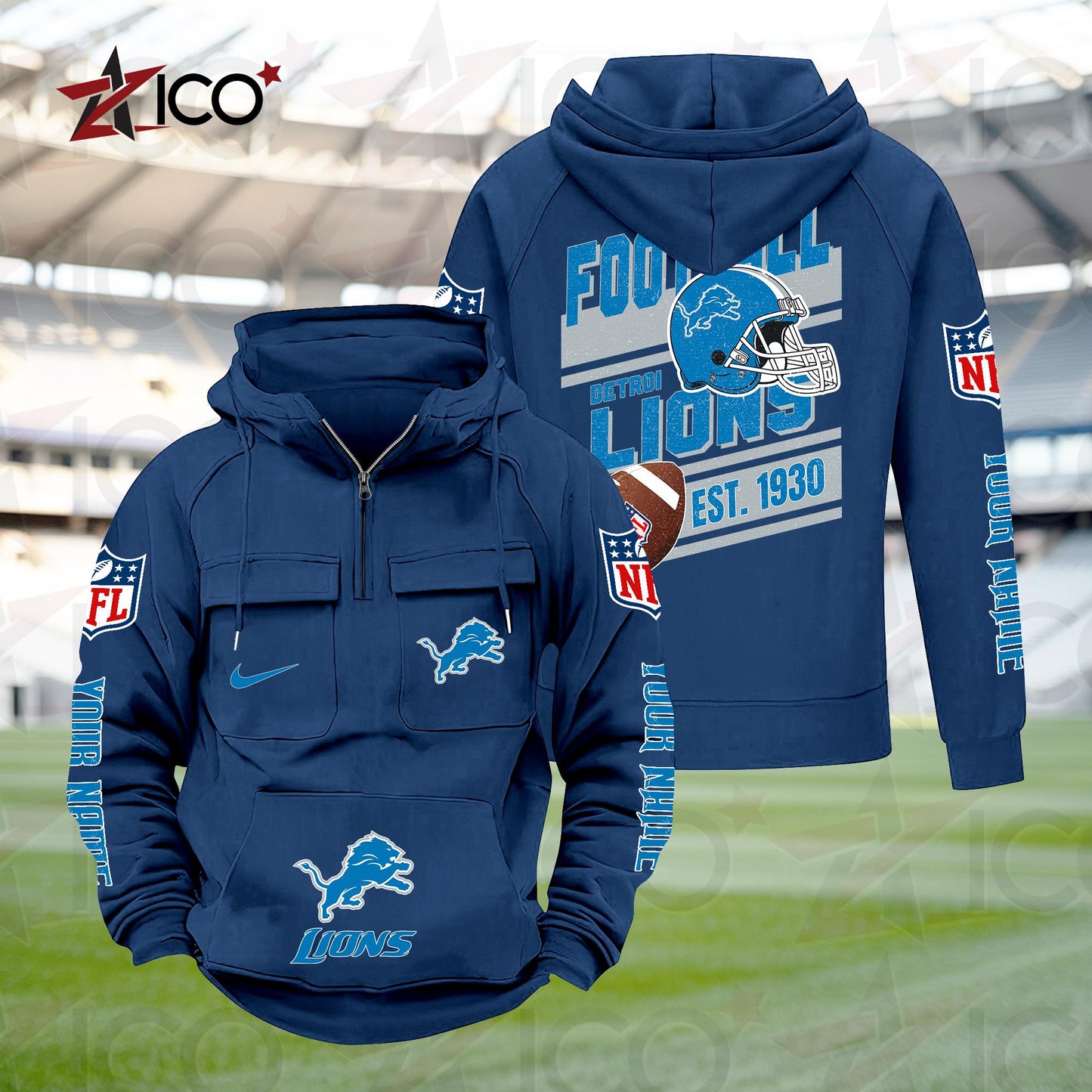 Detroit Lions Personalized Multi-Pockets Zip Hoodie New 2025 AZTGMZHD000231