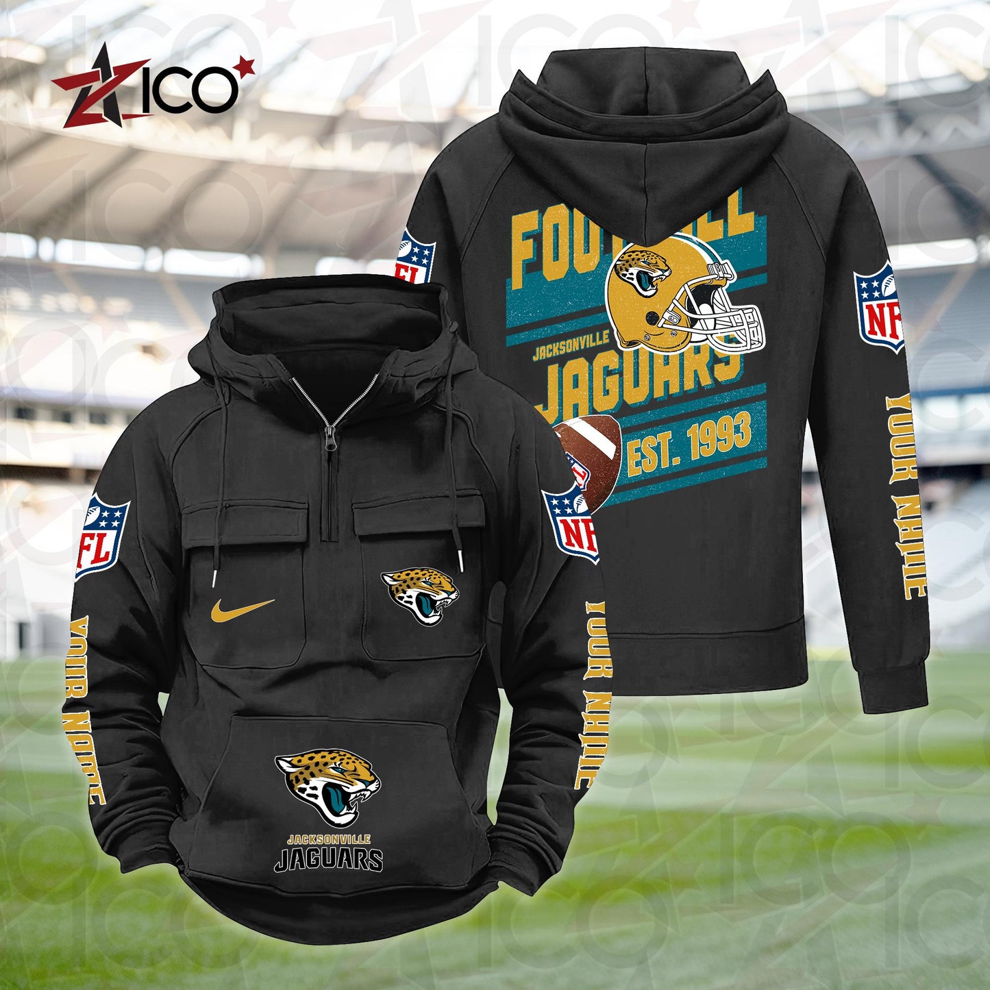 Jacksonville Jaguars Personalized Multi-Pockets Zip Hoodie New 2025 AZTGMZHD000235