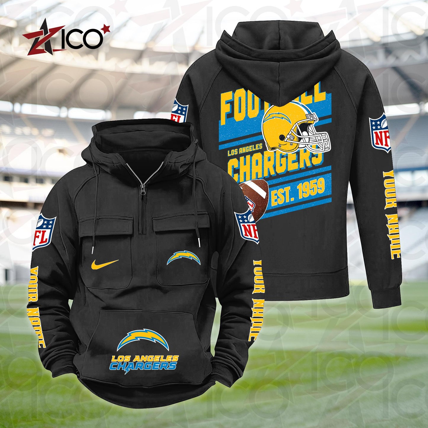 Los Angeles Chargers Personalized Multi-Pockets Zip Hoodie New 2025 AZTGMZHD000238