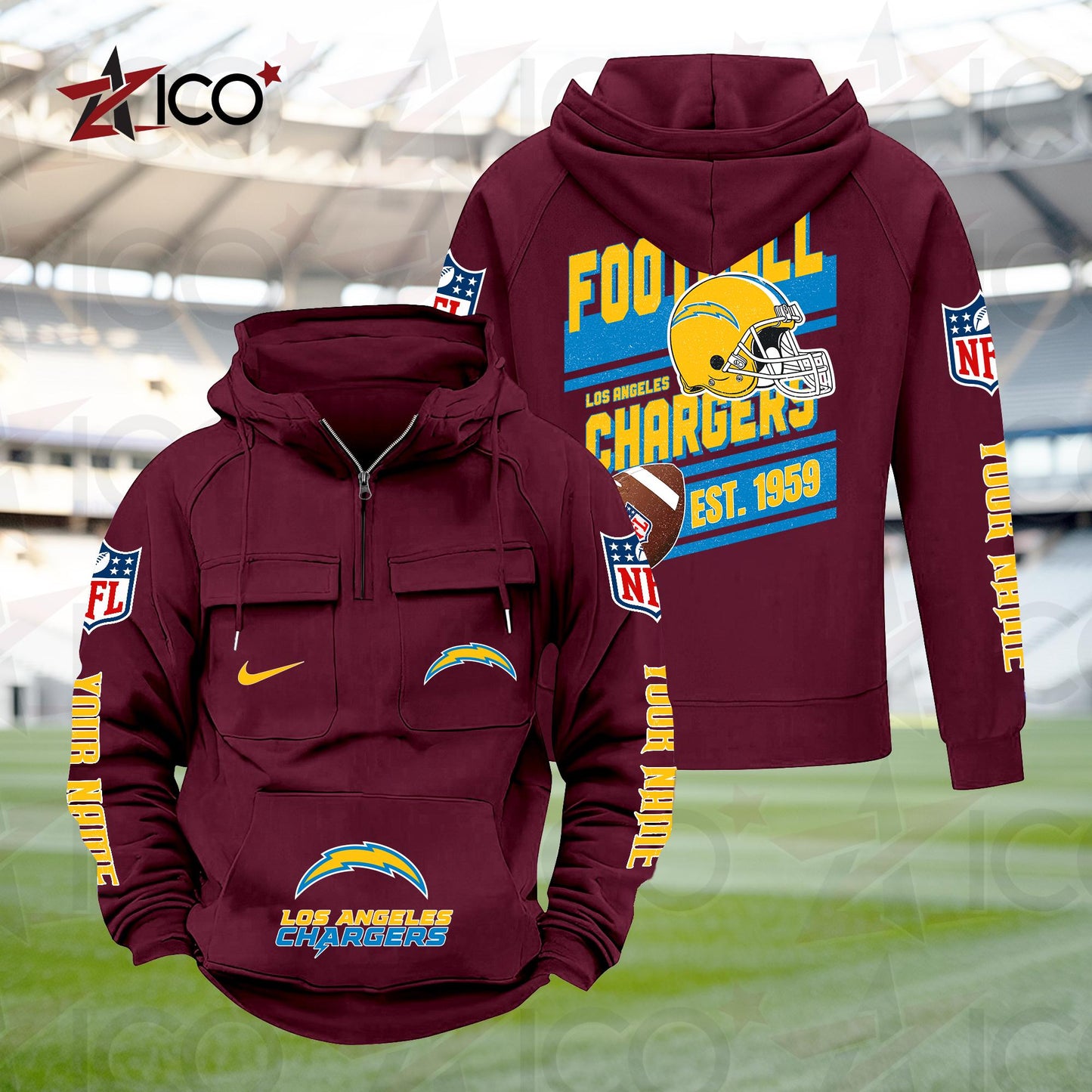 Los Angeles Chargers Personalized Multi-Pockets Zip Hoodie New 2025 AZTGMZHD000238