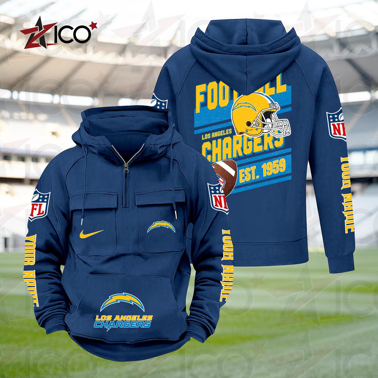 Los Angeles Chargers Personalized Multi-Pockets Zip Hoodie New 2025 AZTGMZHD000238
