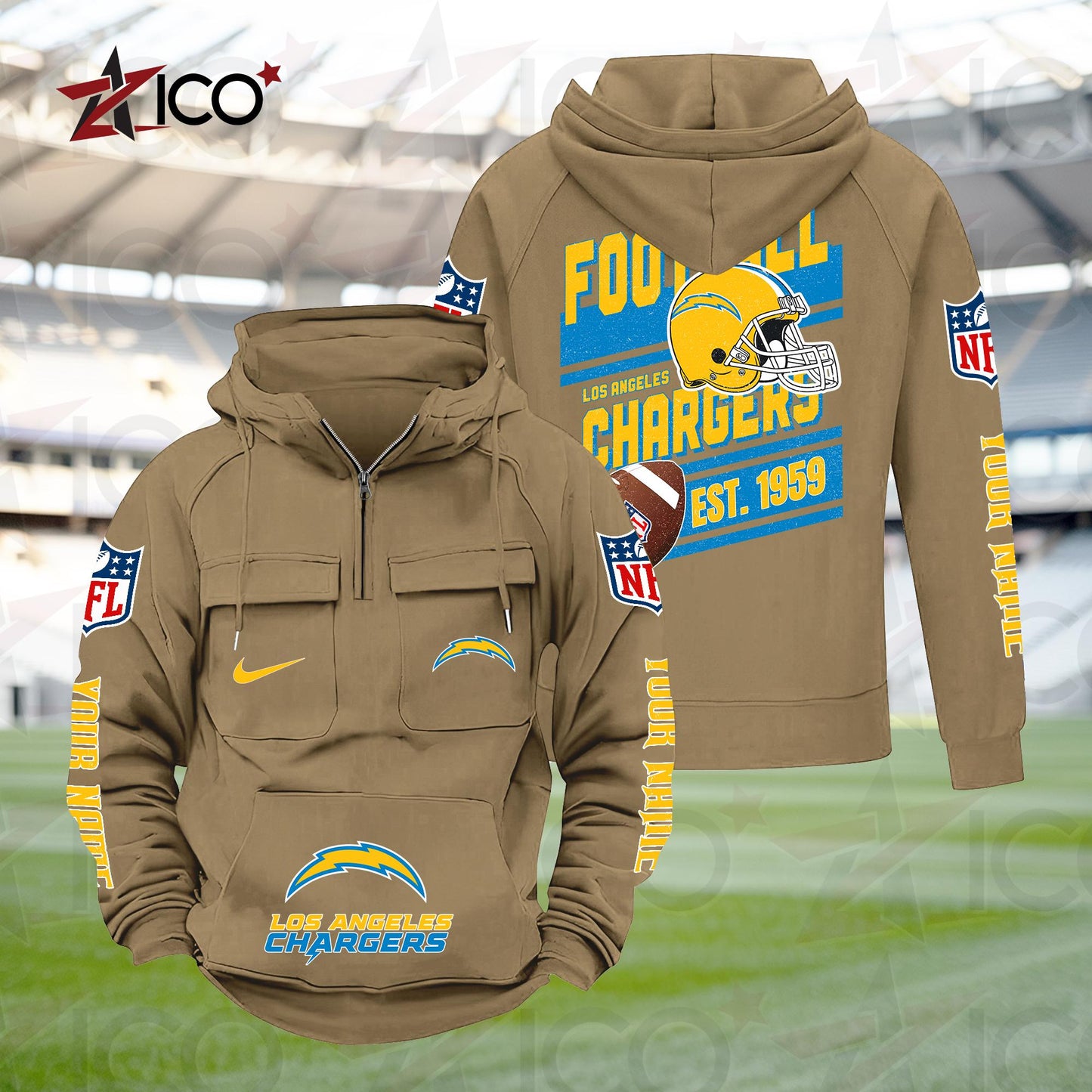 Los Angeles Chargers Personalized Multi-Pockets Zip Hoodie New 2025 AZTGMZHD000238
