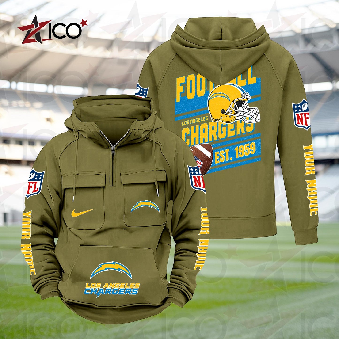Los Angeles Chargers Personalized Multi-Pockets Zip Hoodie New 2025 AZTGMZHD000238
