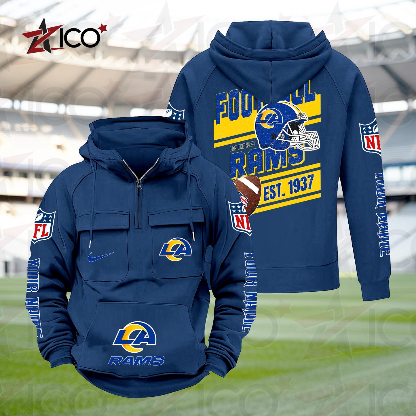 Los Angeles Rams Personalized Multi-Pockets Zip Hoodie New 2025 AZTGMZHD000239