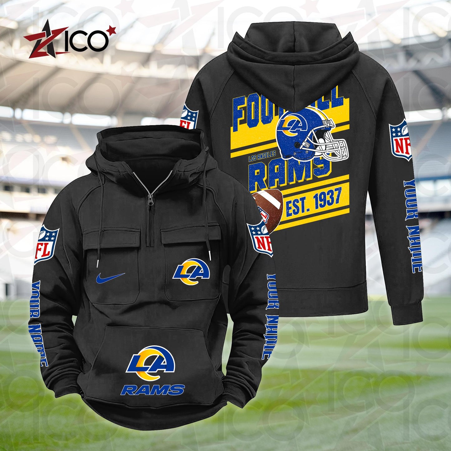 Los Angeles Rams Personalized Multi-Pockets Zip Hoodie New 2025 AZTGMZHD000239