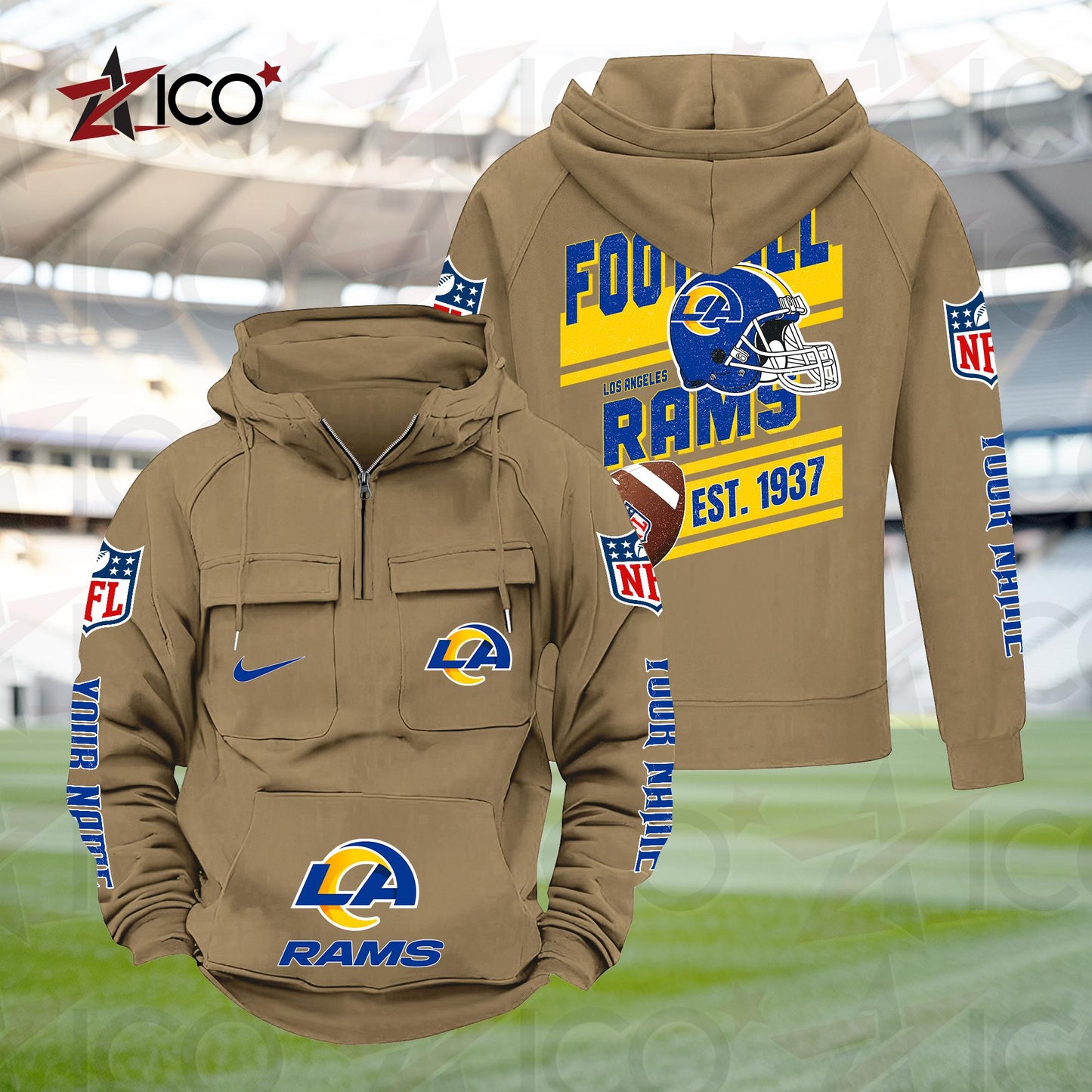 Los Angeles Rams Personalized Multi-Pockets Zip Hoodie New 2025 AZTGMZHD000239