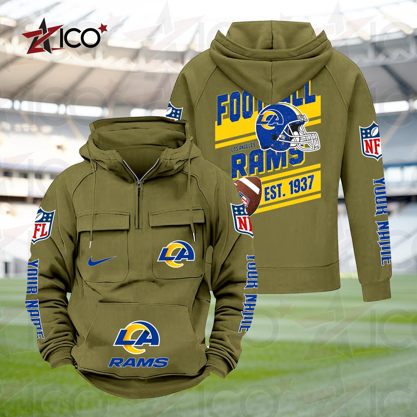 Los Angeles Rams Personalized Multi-Pockets Zip Hoodie New 2025 AZTGMZHD000239