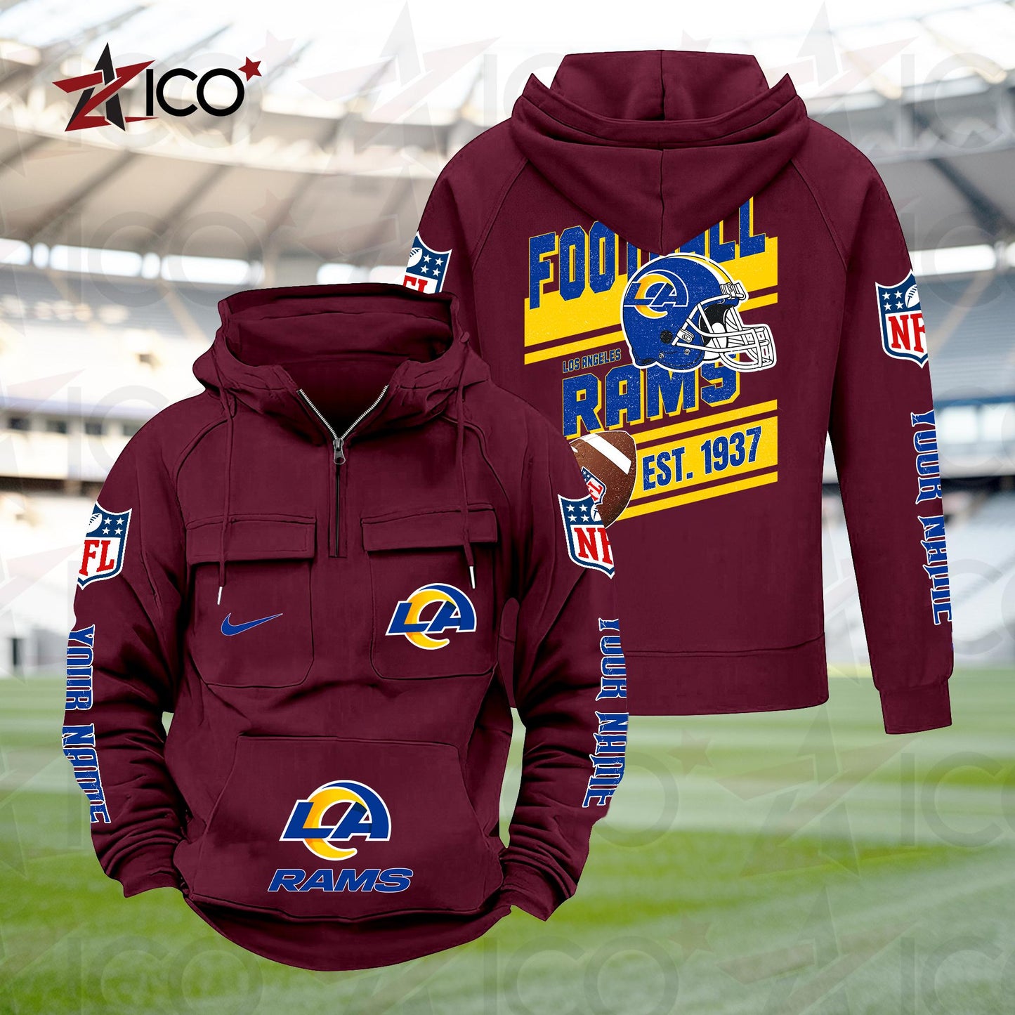Los Angeles Rams Personalized Multi-Pockets Zip Hoodie New 2025 AZTGMZHD000239