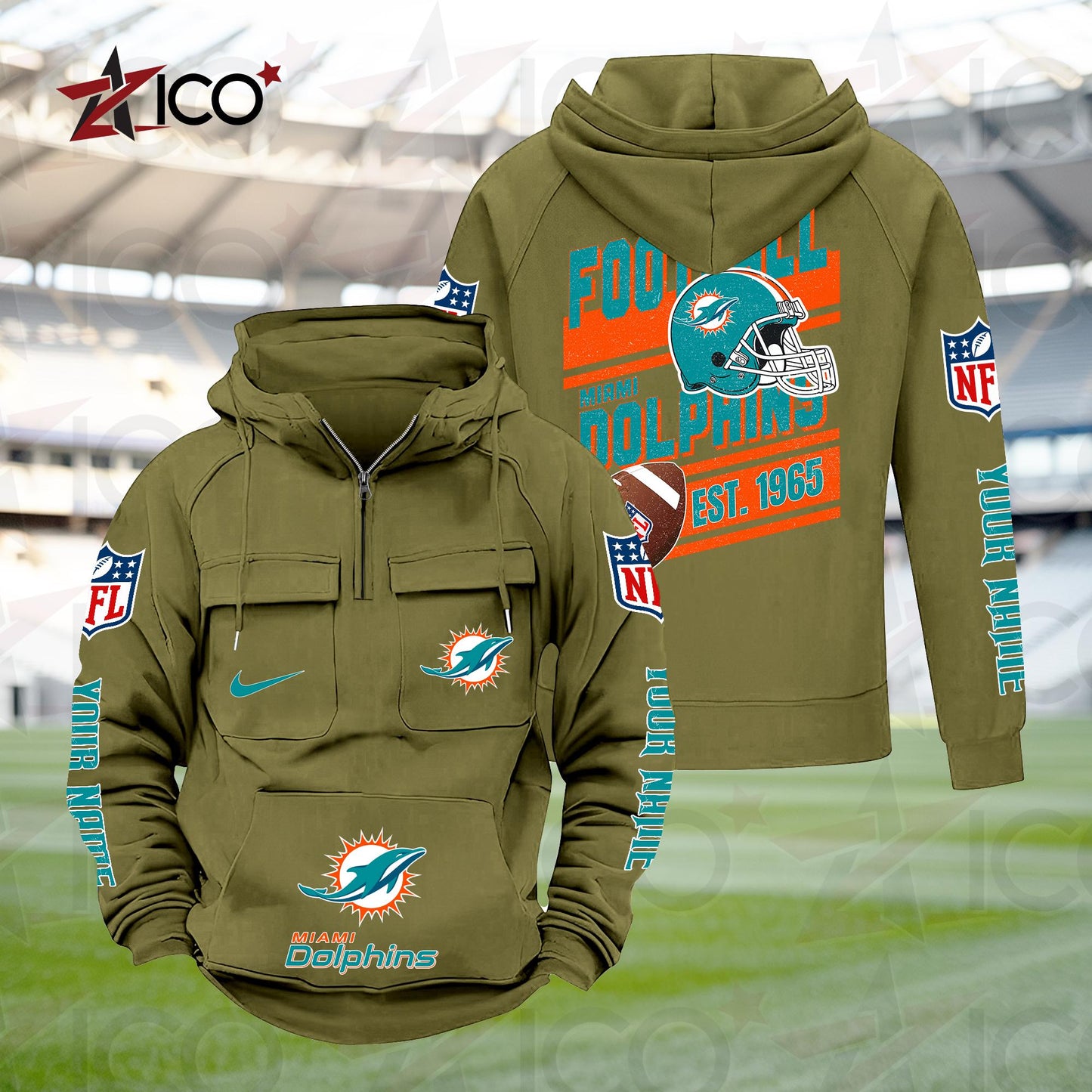 Miami Dolphins Personalized Multi-Pockets Zip Hoodie New 2025 AZTGMZHD000240
