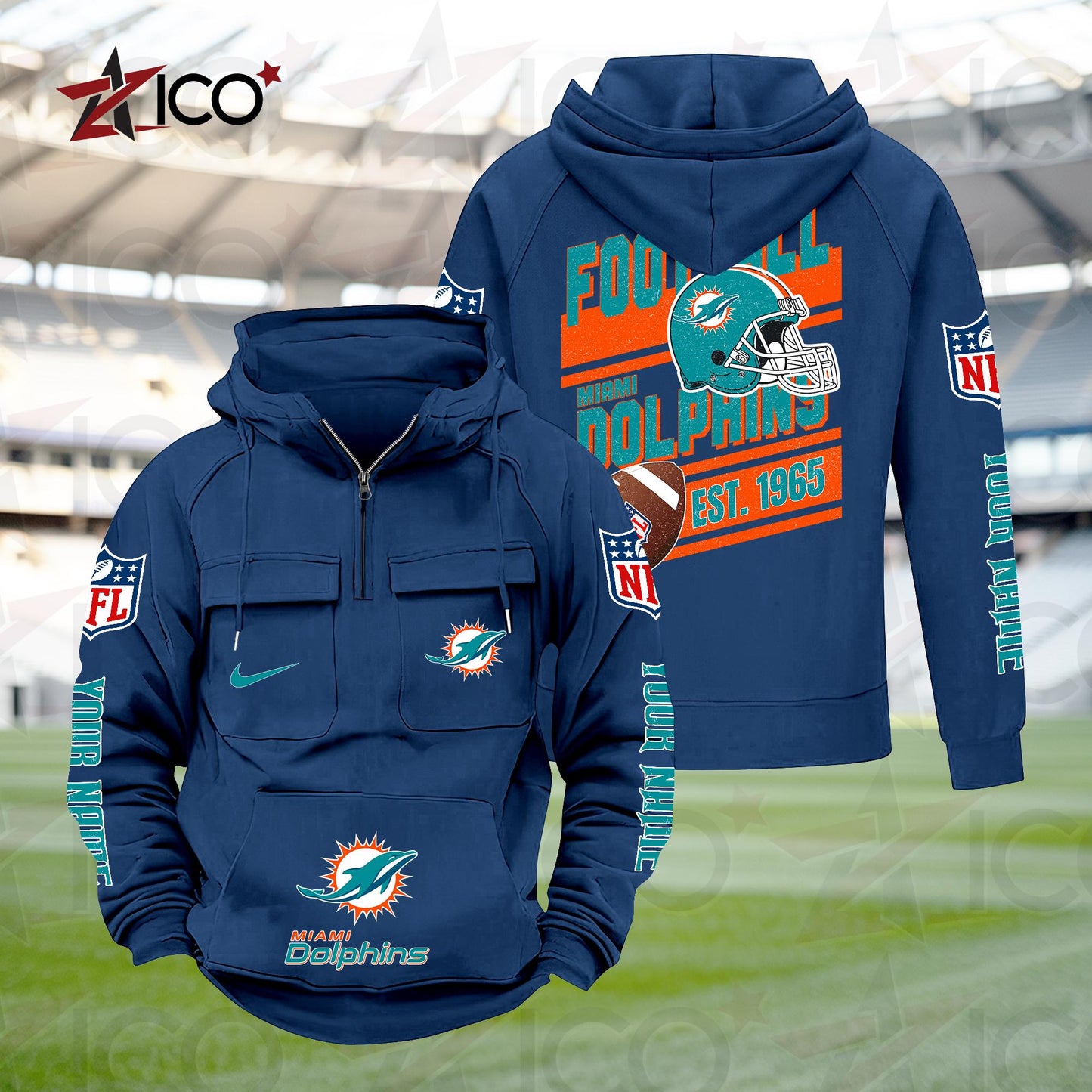 Miami Dolphins Personalized Multi-Pockets Zip Hoodie New 2025 AZTGMZHD000240