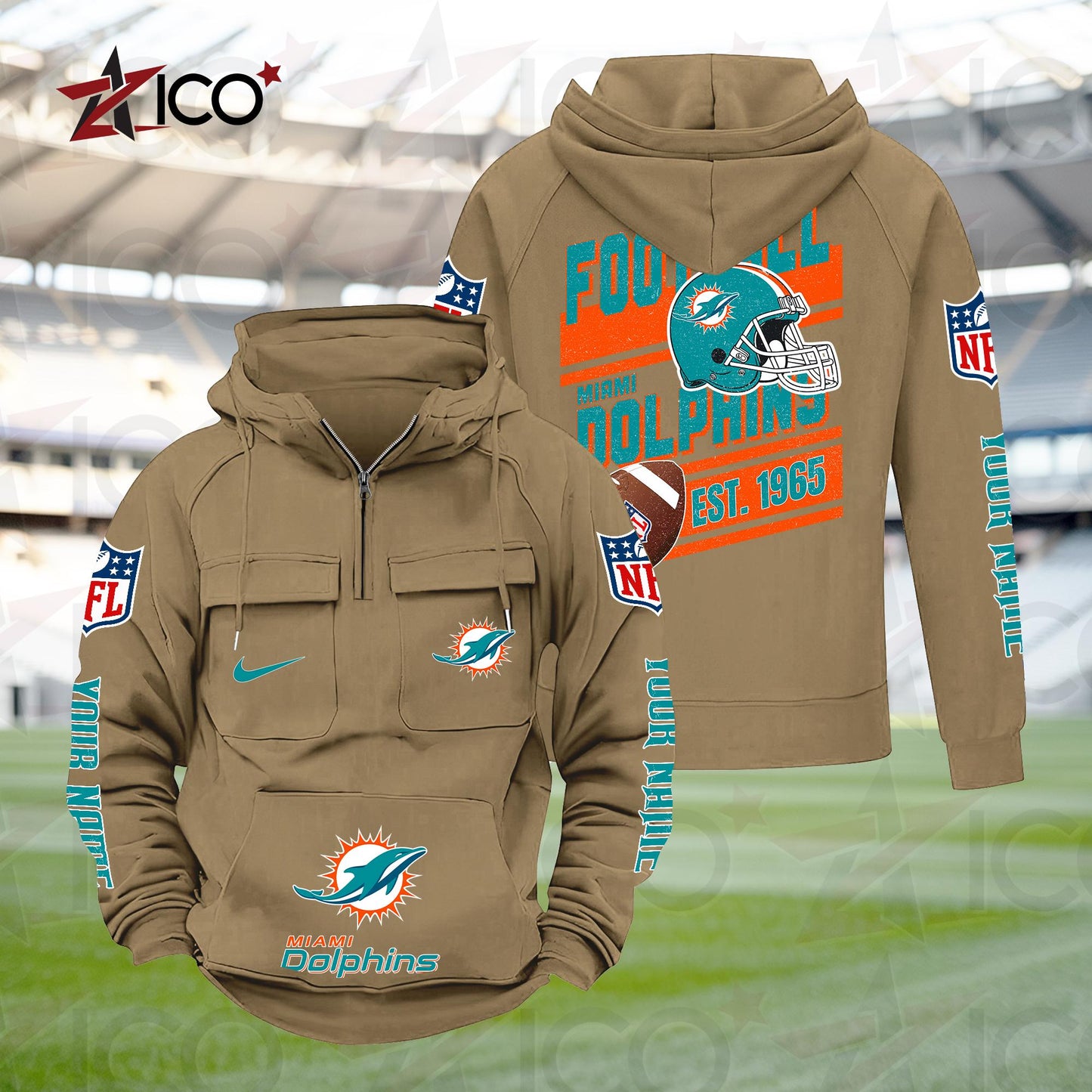 Miami Dolphins Personalized Multi-Pockets Zip Hoodie New 2025 AZTGMZHD000240