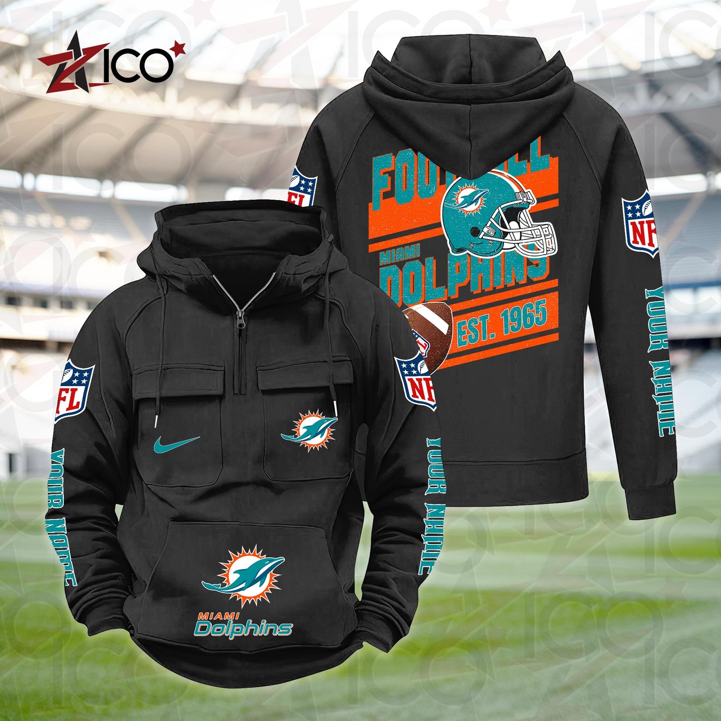 Miami Dolphins Personalized Multi-Pockets Zip Hoodie New 2025 AZTGMZHD000240