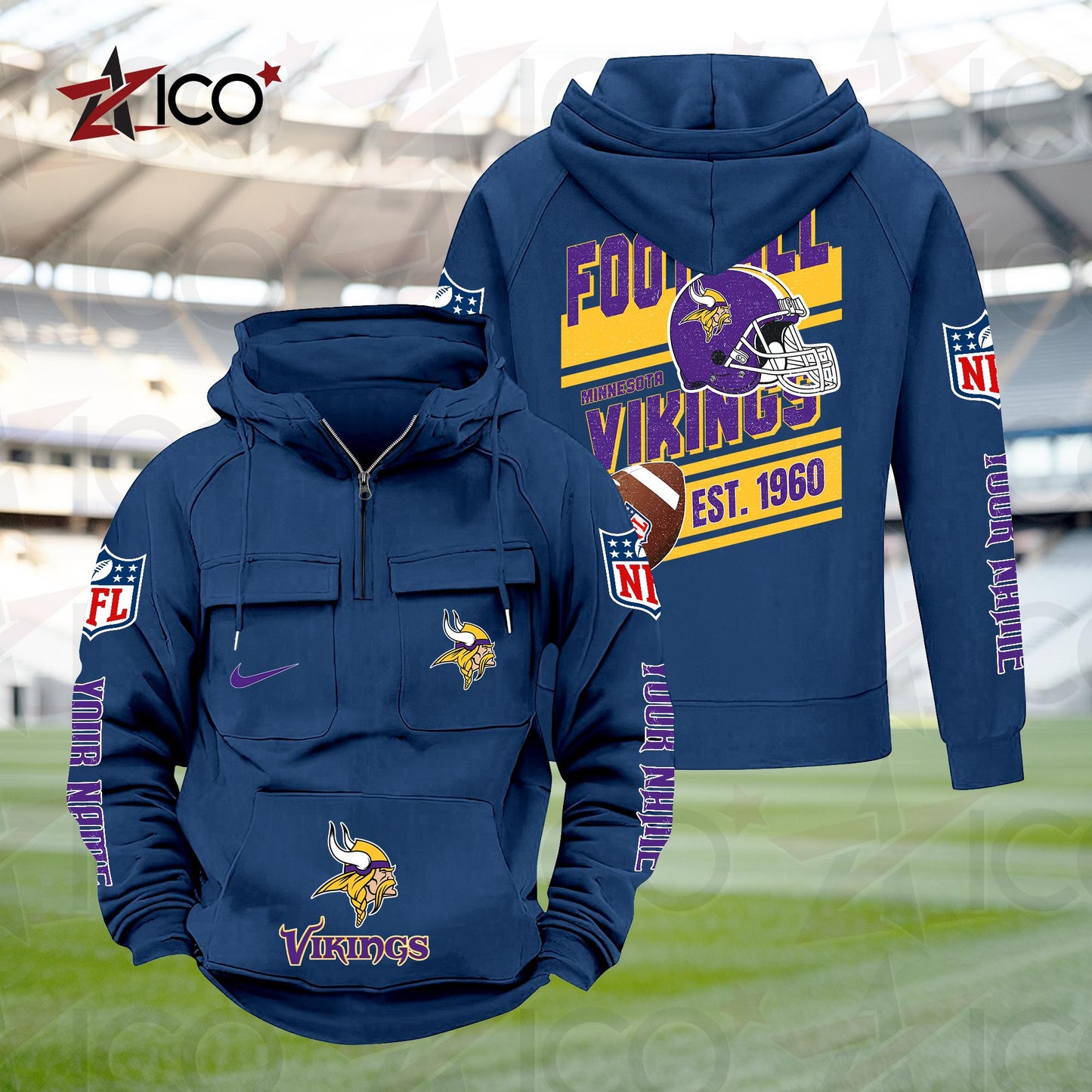 Minnesota Vikings Personalized Multi-Pockets Zip Hoodie New 2025 AZTGMZHD000241
