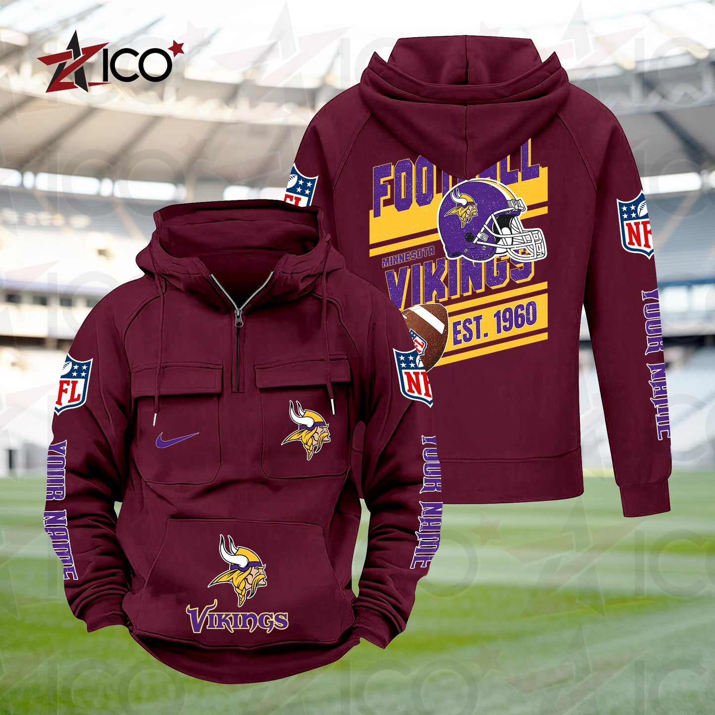Minnesota Vikings Personalized Multi-Pockets Zip Hoodie New 2025 AZTGMZHD000241