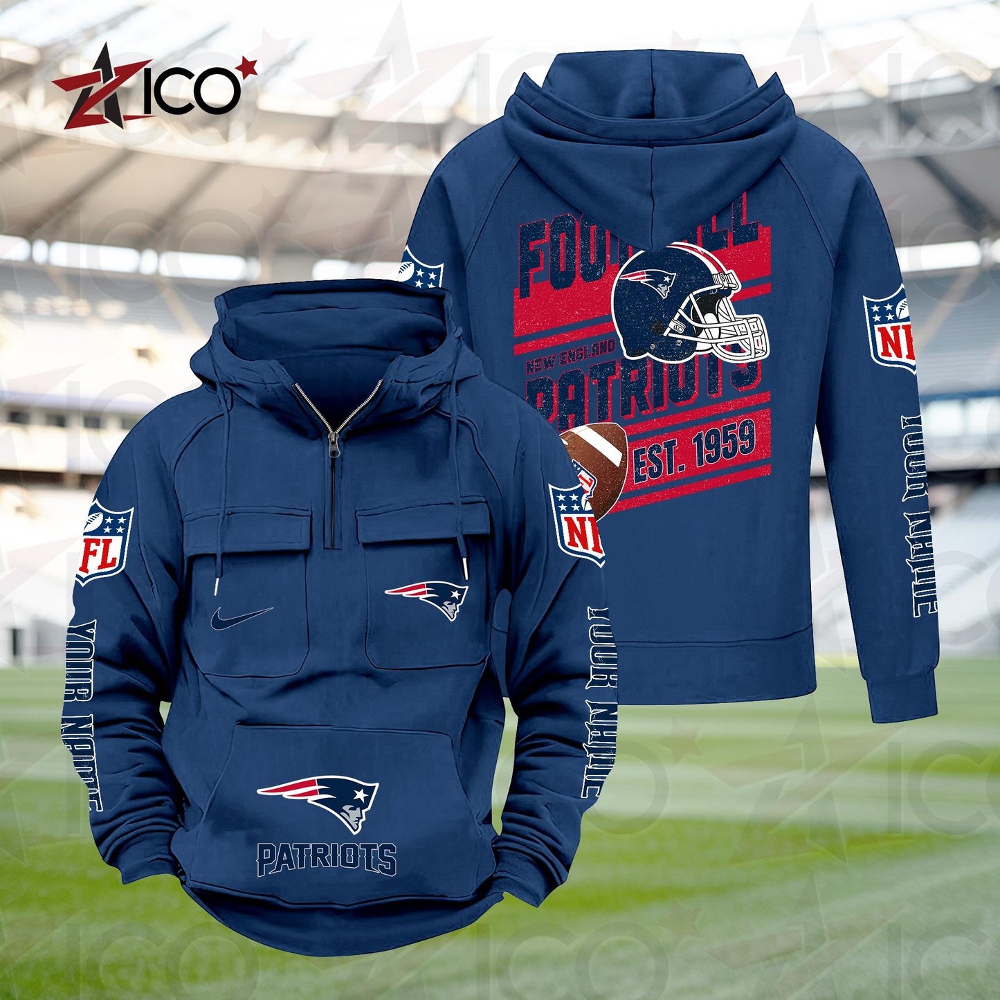 New England Patriots Personalized Multi-Pockets Zip Hoodie New 2025 AZTGMZHD000242