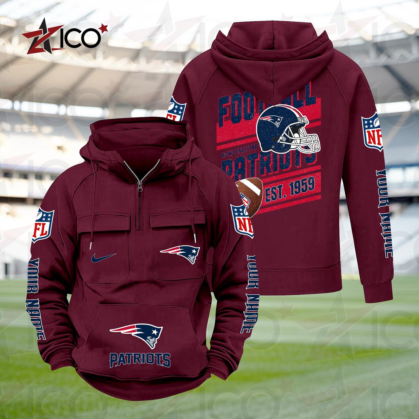 New England Patriots Personalized Multi-Pockets Zip Hoodie New 2025 AZTGMZHD000242
