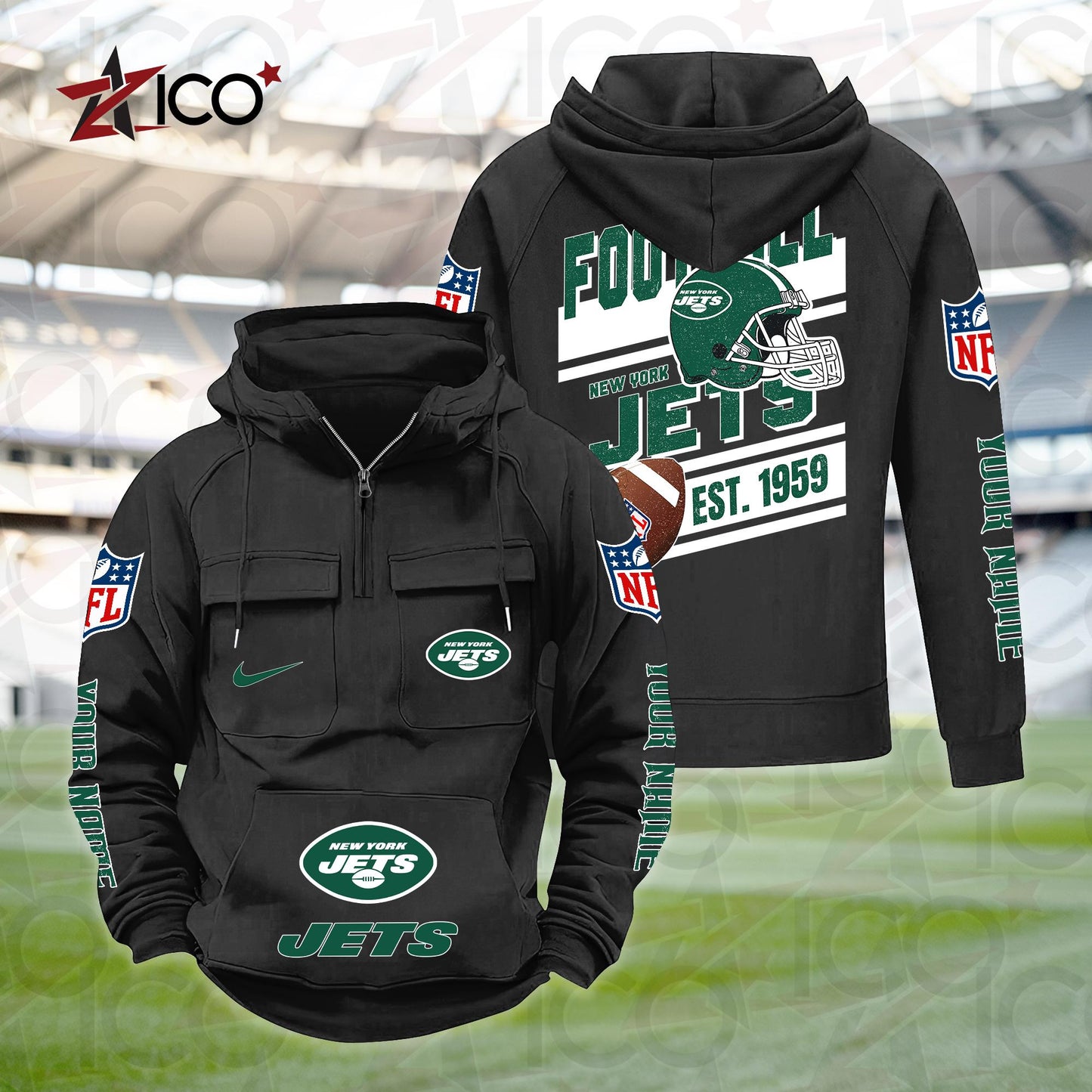 New York Jets Personalized Multi-Pockets Zip Hoodie New 2025 AZTGMZHD000245