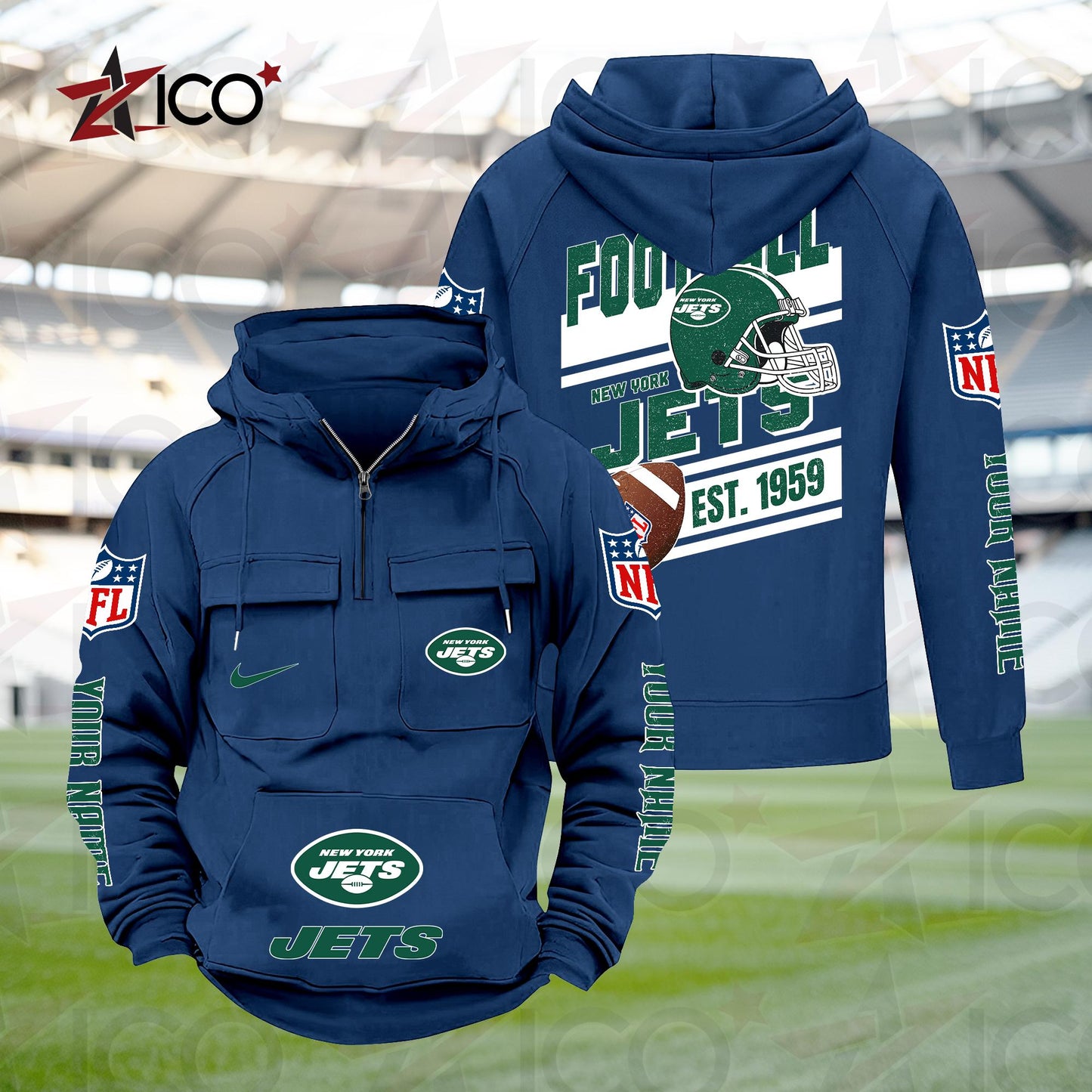 New York Jets Personalized Multi-Pockets Zip Hoodie New 2025 AZTGMZHD000245