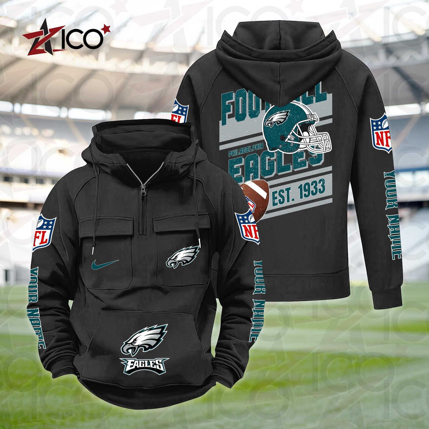 Philadelphia Eagles Personalized Multi-Pockets Zip Hoodie New 2025 AZTGMZHD000246