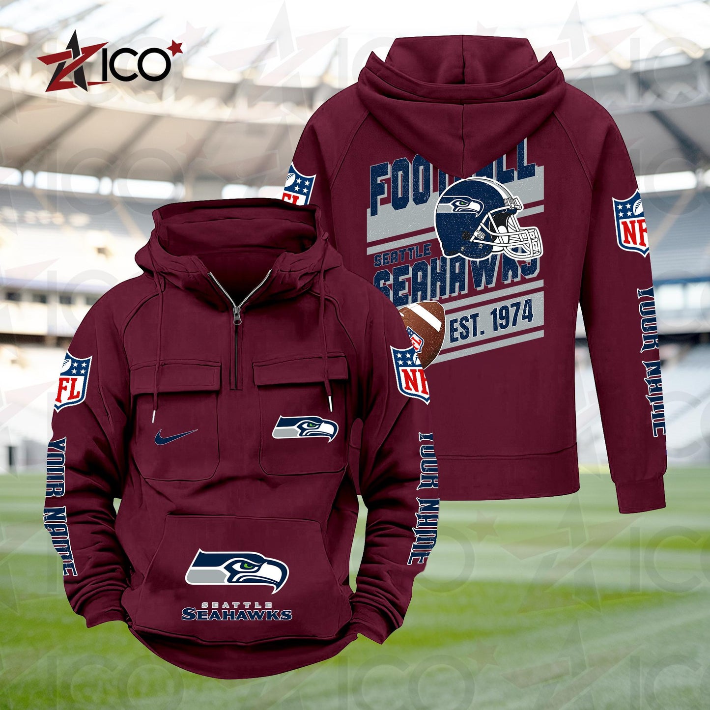 Seattle Seahawks Personalized Multi-Pockets Zip Hoodie New 2025 AZTGMZHD000249