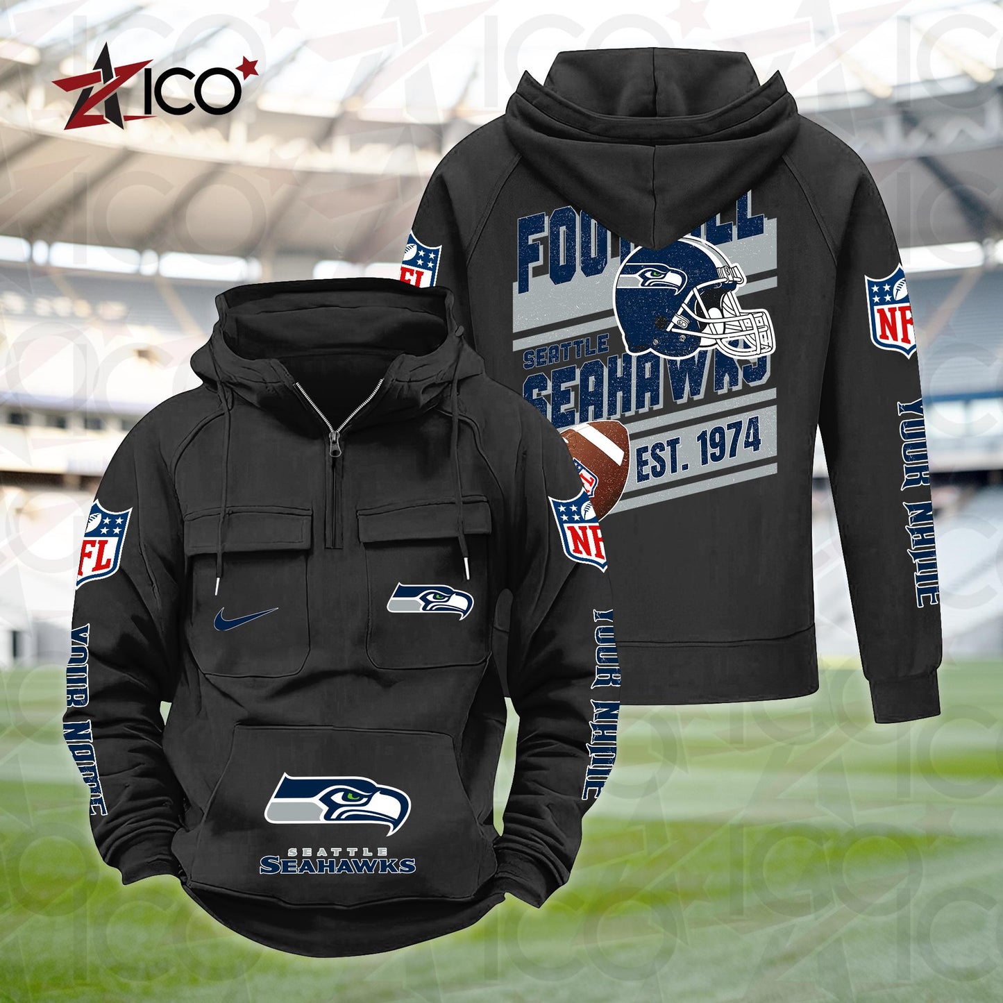 Seattle Seahawks Personalized Multi-Pockets Zip Hoodie New 2025 AZTGMZHD000249