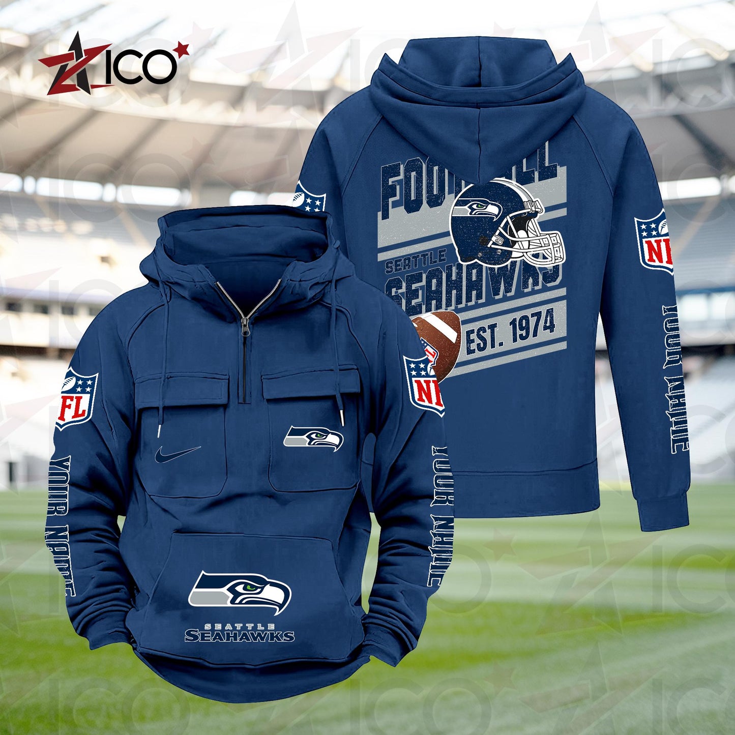 Seattle Seahawks Personalized Multi-Pockets Zip Hoodie New 2025 AZTGMZHD000249