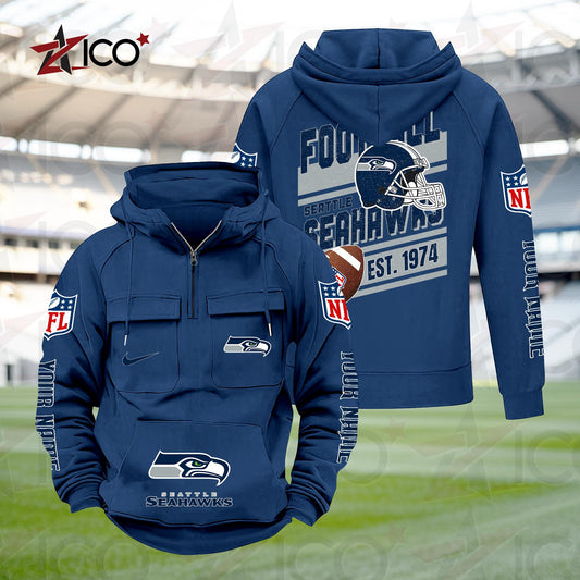 Seattle Seahawks Personalized Multi-Pockets Zip Hoodie New 2025 AZTGMZHD000249